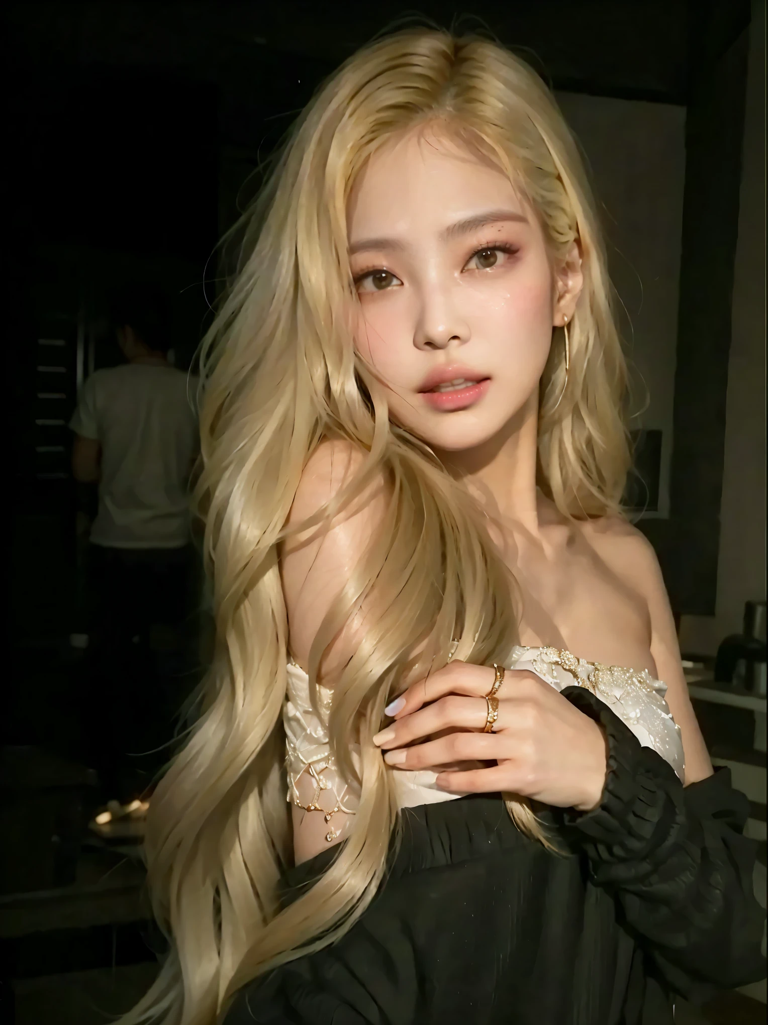mulher loira com longos cabelos ondulados posando para uma foto, Retrato de Jossi do Blackpink, obras de arte no estilo de guweiz, parque roseanne de blackpink, com cabelos longos brancos, com longos cabelos loiros, Ilya Kuvshinov com cabelo comprido, even model | artegerm, longos cabelos loiros e olhos grandes, com longos cabelos brancos, inspirado em Yanjun Cheng