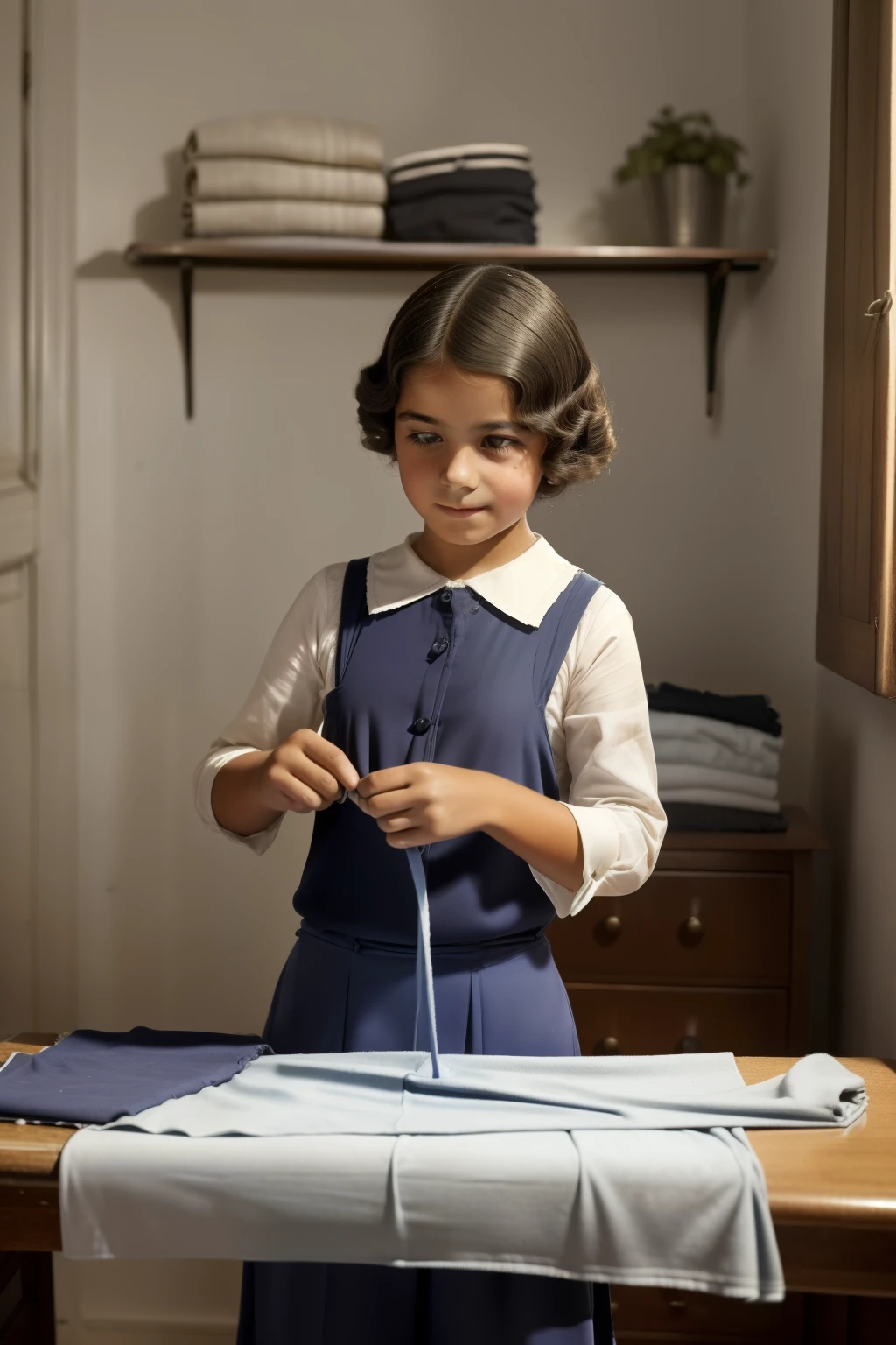 Madrid, 1923. A young ((((-yeld)) a Quiroga)), ironing a fabric, ((((clothings from the 1920s)))), ((hairstyle of the 1920s)), colorful