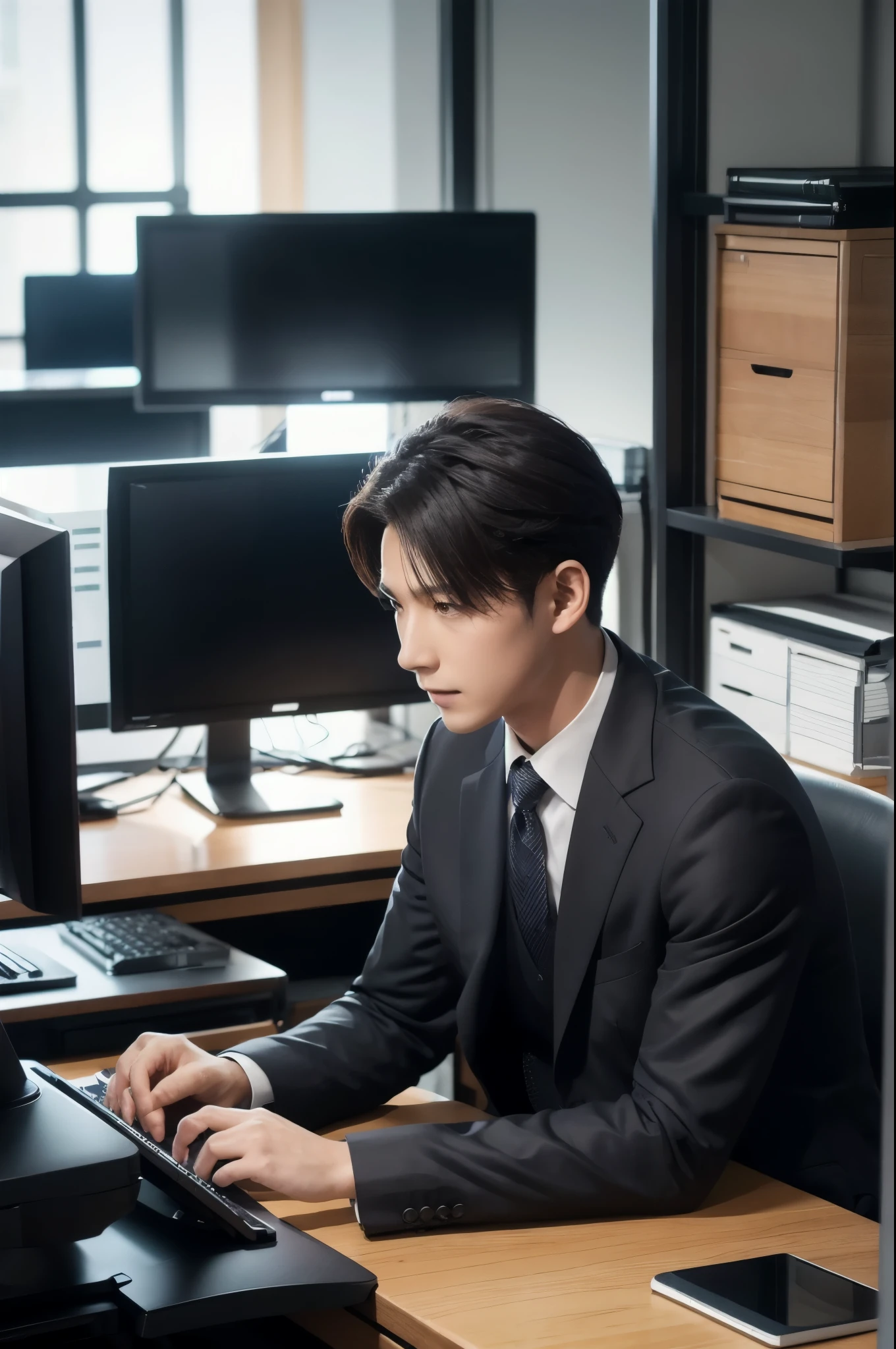 boy, Dark Wind, suit, sunlight, Sitting in the office, Working at a large desk, computer,