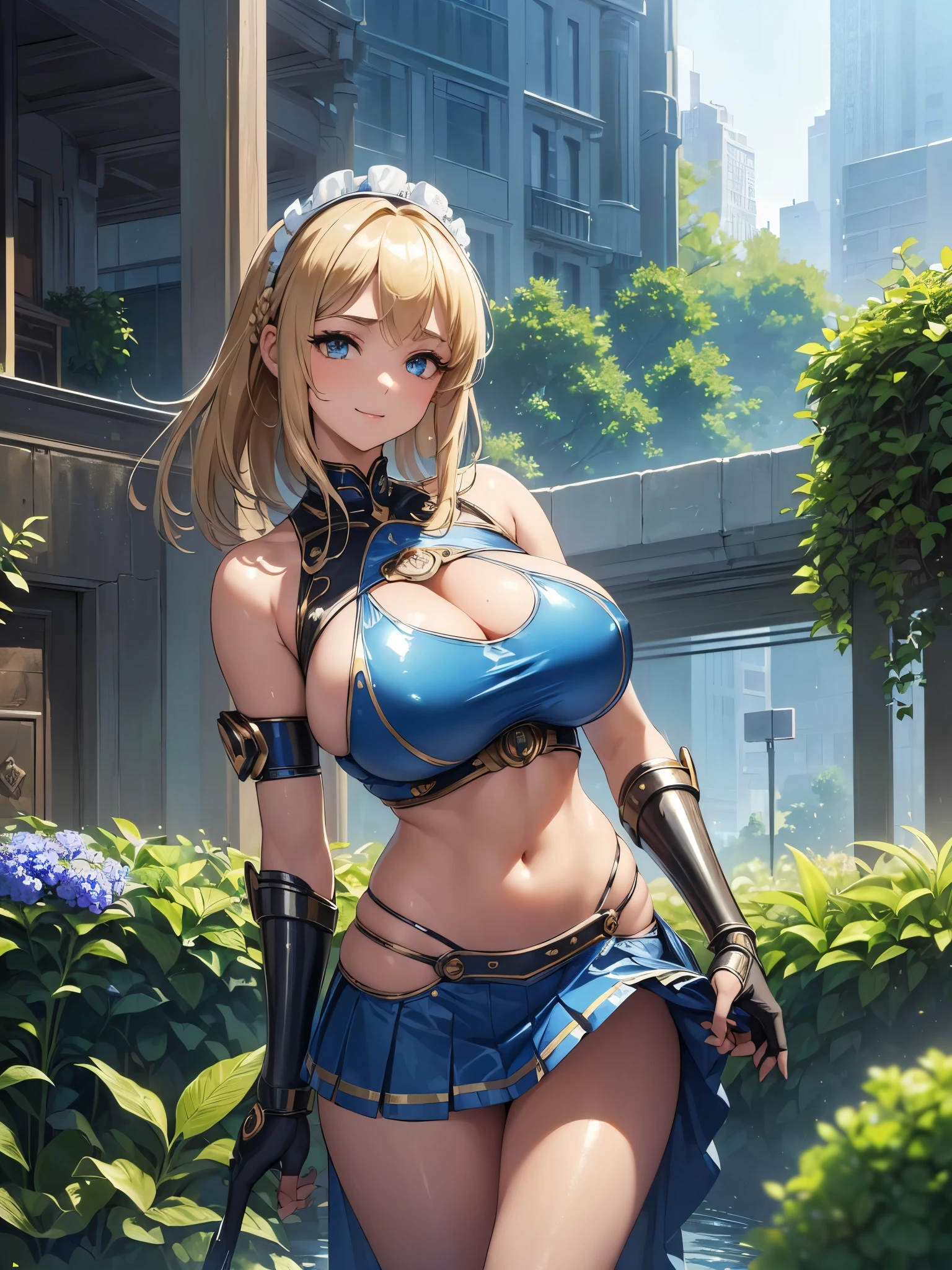(((masterpiece))), (((best quality))), ((ultra-detailed)), (illustration), ((an extremely delicate and beautiful)), ((super detail)), ((high resolution)), (((20 years old))), metallic cloth, (maid), (super heroine), (android), delicate metal decorations, gleaming skin, shiny body, two legs, breast focus, (((tall))), slender legs, ((big round eyes)), cute eyes, drooping eyes, ((adult)), two hands, five fingers, no extra hands, elegant smile, braid, ((metallic blue)), (see-through), (dark blonde), ((ultra-huge breasts)), (shining brightly), outdoor, mini skirt, daytime, ((biopunk)), (hair shorter than shoulder), (medium length hair), gynoid, (slime bikini), garden, city, ((midriff-baring outfit)), (no mob characters),