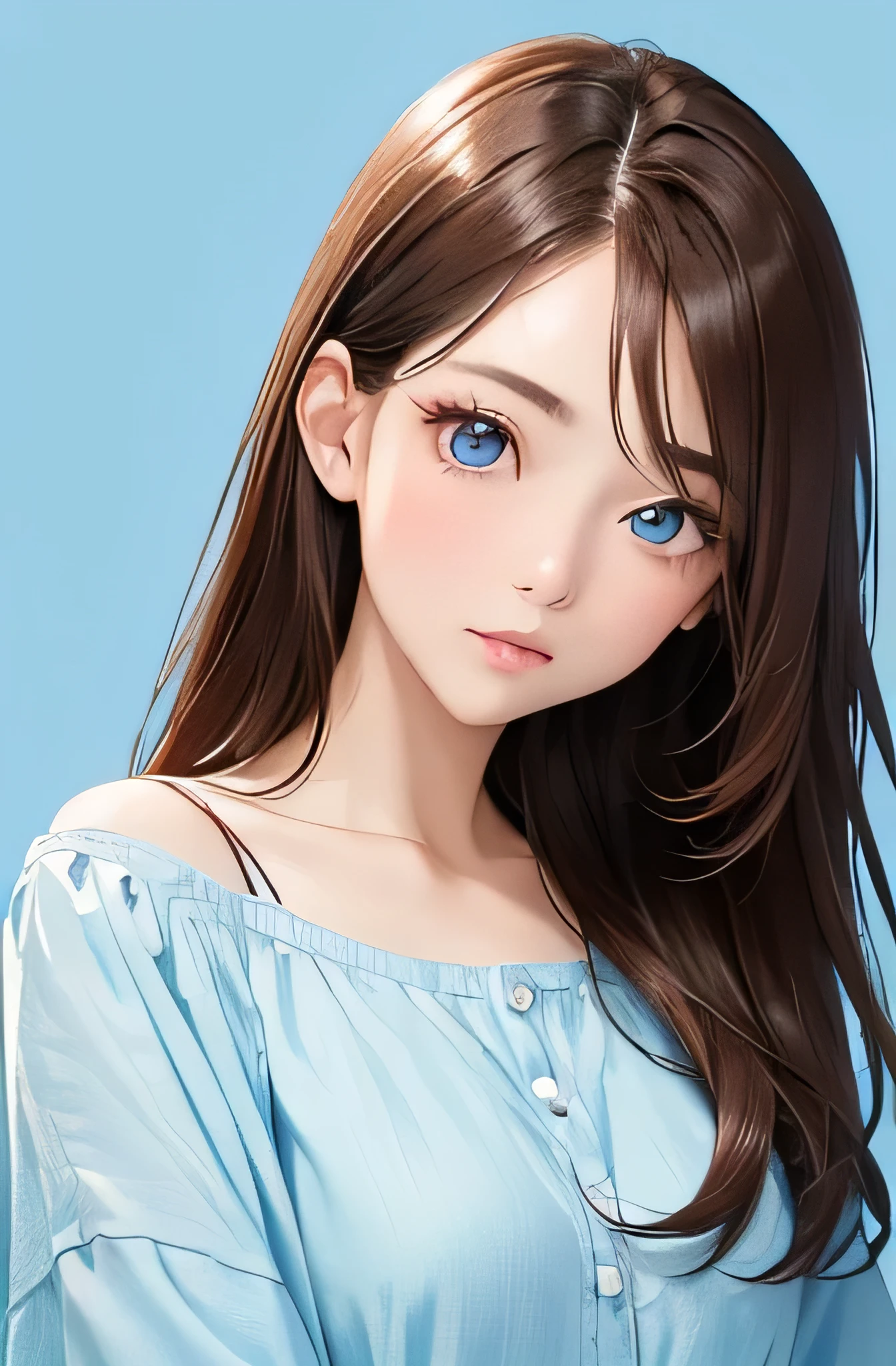 (highest quality、8k、32k、masterpiece）３０Year、Adult women、Brown Hair、、Light Blue Background、Beautiful eyes、Single eyelid