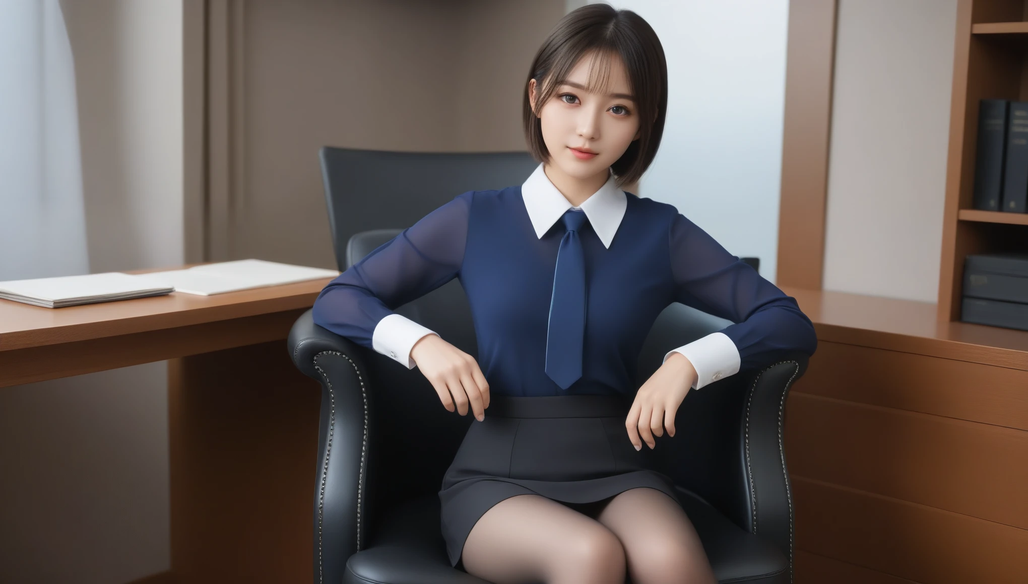 8K, Ultra-high resolution, highest quality, masterpiece, Surreal, photograph, 1 girl, (16 years old:1.3), pretty girl, Cute face, Beautiful eyes in every detail,masterpiece,(An elite secretary from the upper class wearing sheer underwear), Sit on a chair,Working in the office、 (Wear pantyhose)、(Short Layered Hair)、Crossing your legs, Wear high-end heels、 (Knee socks and skirt), Shirt Secretary, merchant, Wear a shirt and skirt, business suit, business attire, RAWphotograph, (8k、highest quality、masterpiece:1.2)、(Intricate details:1.4)、(Photorealistic:1.4)、Octane Rendering、複雑な3Dレンダリングの超detailed, Vivid details, Super Detail, Realistic skin texture, Detail Makeup, Beautiful details in the eyes, 非常にdetailedな CG Unity 16k 壁紙, Makeup - Makeup, (detailedな背景:1.2), Glossy Skin、Thighs bare!!!, 、Look at the audience、beauty,Long neck、Smile a little、Please close your mouth and laugh、(((Ideal body proportions))),A cup small breasts :2,、Portraiture:2、Perfect Anatomy、Vivid details、detailed、Surreal、Light and shadow,Strong light,Fashion magazine cover,Thin lips