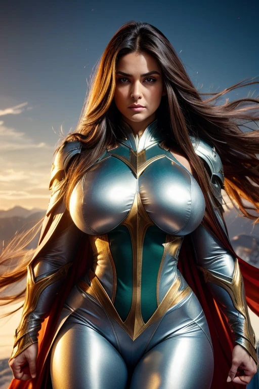 MITHOLOGICAL POWERFUL WOMAN, HUGE LONG BROWN HAIR, TUNNING SKIN, LIGHT GREEN EYES, HIGH CHEEKBONES, SLIM NOSE, GORGEOUS MOUTH, ANGRY FACE EXPRESSION, LOOKING AT CAMETA, LONG GREEN TIGHT BODYSUIT, SILVER DETAILS, HUGE LONG SILVER CAPE, HUGE GOLD GAUNTLETS, ATHLETIC BODY, MUSCLES, STRONG THIGS, THICK THIGHS, FULL BODY PERSPECTIVE, TOP OF A HIGH ROCKY MOUNTAIN, SUNSET, BLUE SKY, MASTERPIECE, ACCURATE IMAGE. (chubby:1.2), (huge breasts:1.2),