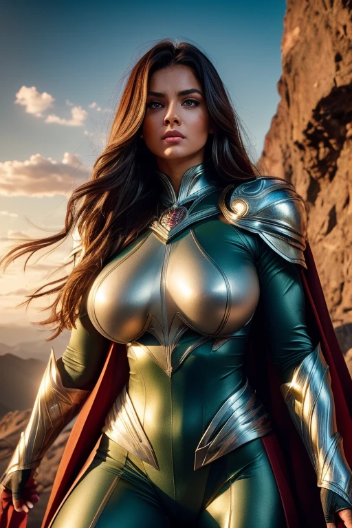 MITHOLOGICAL POWERFUL WOMAN, HUGE LONG BROWN HAIR, TUNNING SKIN, LIGHT GREEN EYES, HIGH CHEEKBONES, SLIM NOSE, GORGEOUS MOUTH, ANGRY FACE EXPRESSION, LOOKING AT CAMETA, LONG GREEN TIGHT BODYSUIT, SILVER DETAILS, HUGE LONG SILVER CAPE, HUGE GOLD GAUNTLETS, ATHLETIC BODY, MUSCLES, STRONG THIGS, THICK THIGHS, FULL BODY PERSPECTIVE, TOP OF A HIGH ROCKY MOUNTAIN, SUNSET, BLUE SKY, MASTERPIECE, ACCURATE IMAGE. (chubby:1.2), (huge breasts:1.2),