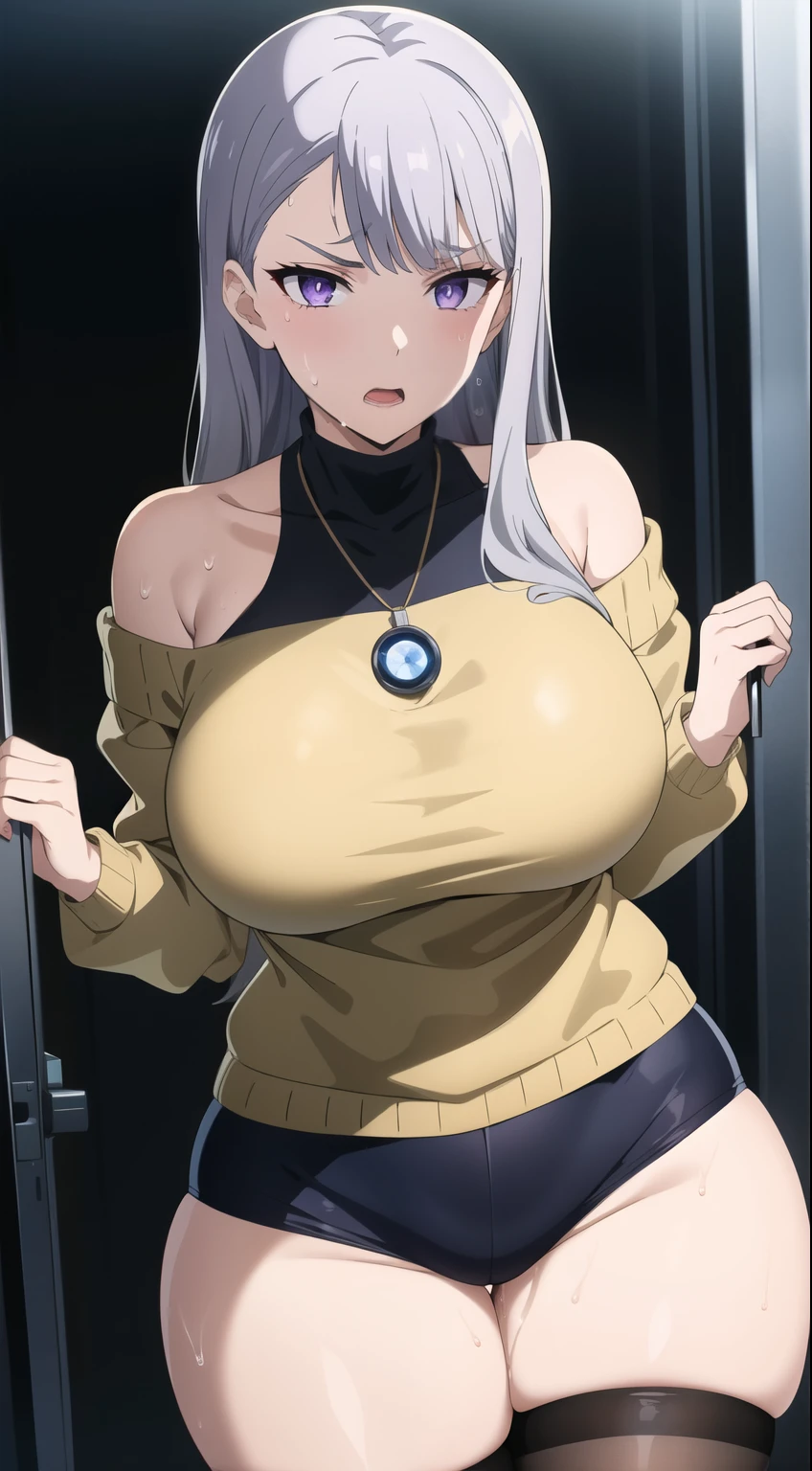 masterpiece, 1 girl, alone, Shortcuts, , Niijima Sae (persona 5)、Big Breasts, Mature Woman, Glare,Sharp eyes, Silver Hair、Lilac eyes, Empty Eyes LoRA / utsurome / Hypnotic suggestion, uniform, Pose standing thigh sex,Thick thighs, Hypnotic Pendulum,Hypnotic state,Hypnotic stateの目,squint,Open your mouth wide vertically,Oho face,Sweaty,Stuffy stuffiness,全身Sweaty,White off-shoulder sweater,I can see the valley,Cover your crotch with both hands,I&#39;m about to pee,Stuffy stuffiness,Steaming,  (Huge breasts:1.4), Putting on a collar,Fishnet tights,Heart pattern nipple stickers