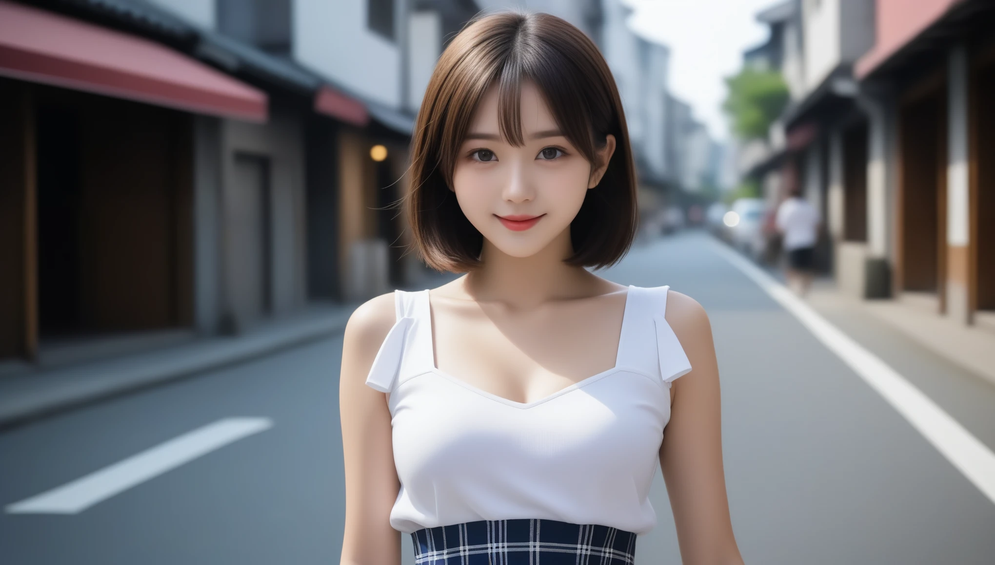 8K, Ultra-high resolution, highest quality, masterpiece, Surreal, photograph, 1 girl, (16 years old:1.3), pretty girl, Cute face, Beautiful eyes in every detail,masterpiece,(highest quality、8k、32k、masterpiece、Hmph:1.2)、かわいい日本人女性のphotograph、Big ample breasts、Very short bob hair、18-year-old girl、Small Face、Arafed Asian girl in uniform, Girl Standing On The Sidewalk, When you smile, your teeth are visible、Medium sized breasts、Turn your body to the side、clavicle,photograph家を見る、Checkered Super Mini Skirt、Realistic Young Gravure Idol, Surreal , Shot on Sony Alpha 9, Beautiful Japanese Girls, Young Gravure Idol, Surreal , Young and cute gravure idol, Cobblestones and old European cityscape background、(From below:1.0),、Look at the audience、beauty,Long neck、Smile a little、Please close your mouth and laugh、(((Ideal body proportions))),A cup small breasts :2,、Portraiture:2、Perfect Anatomy、Vivid details、detailed、Surreal、Light and shadow,Strong light,Fashion magazine cover,Thin lips