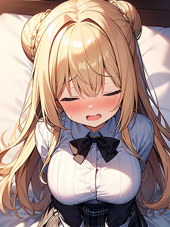 Tabletop, highest quality, wallpaper, Super detailed, Absurd beauty,junior high school student、evening、Backlight、Blonde、Long Hair、Wavy Hair,single hair bun、standard weight、Large Breasts、（school uniform、open clothes):1.1,(sexual climax,nose blush,saliva,closed eyes):1.1、(1man and 1girl are having sex  on bed)1.2、man on top、bird’s-eye view