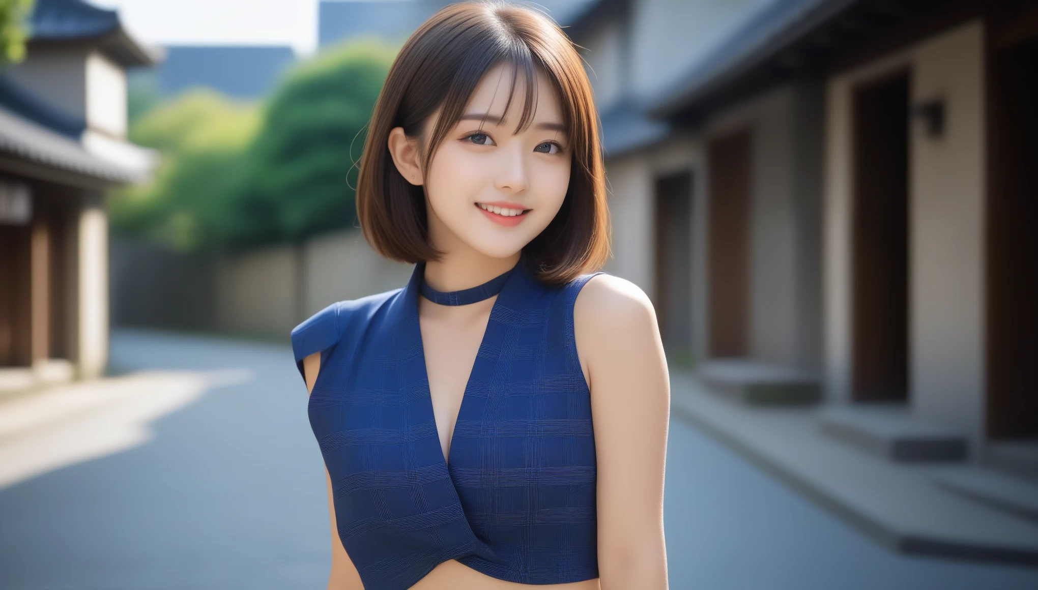 8K, Ultra-high resolution, highest quality, masterpiece, Surreal, photograph, 1 girl, (:1.3), pretty girl, Cute face, Beautiful eyes in every detail,masterpiece,(highest quality、8k、32k、masterpiece、Hmph:1.2)、かわいい日本人女性のphotograph、Big ample breasts、Very short bob hair、18-year-old girl、Small Face、Arafed Asian girl in uniform, Girl Standing On The Sidewalk, When you smile, your teeth are visible、Medium sized breasts、Turn your body to the side、clavicle,photograph家を見る、Checkered Super Mini Skirt、Realistic Young Gravure Idol, Surreal , Shot on Sony Alpha 9, Beautiful Japanese Girls, Young Gravure Idol, Surreal , Young and cute gravure idol, Cobblestones and old European cityscape background、(From below:1.0),、Look at the audience、beauty,Long neck、Smile a little、Please close your mouth and laugh、(((Ideal body proportions))),A cup small breasts :2,、Portraiture:2、Perfect Anatomy、Vivid details、detailed、Surreal、Light and shadow,Strong light,Fashion magazine cover,Thin lips