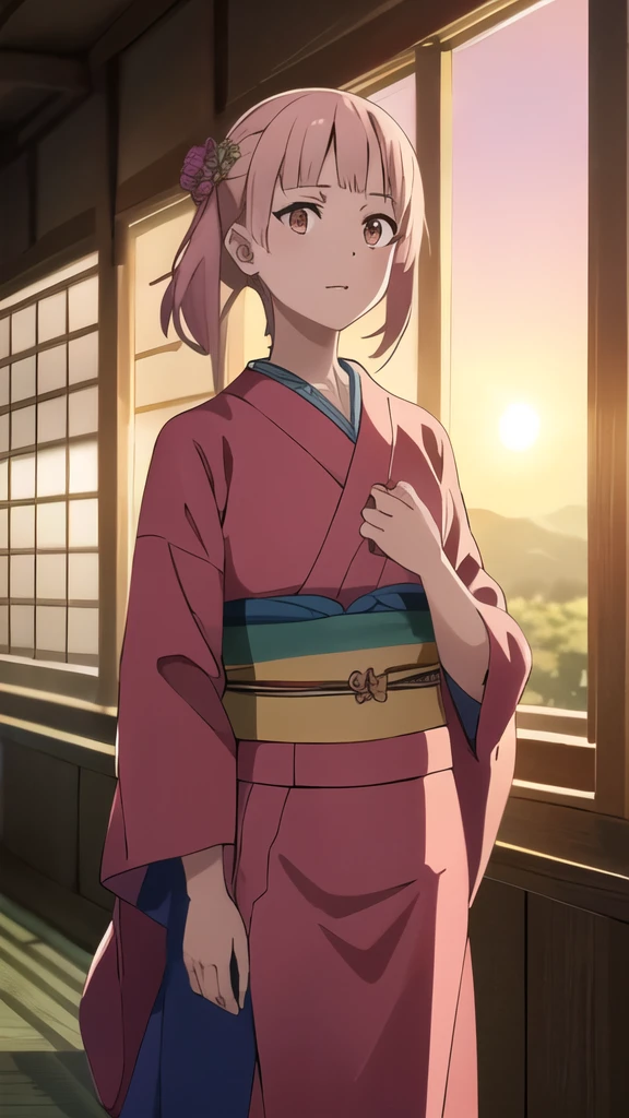 Character background illustration by Cecile Lafontaine for Anohana manga, Japan.
A serene scene unfolds for a character from Anohana, set in the beautiful landscapes of Japan. Cecile Lafontaine captures the essence of tranquility as the sun sets, casting a warm glow on the images.
In this illustration, the character stands by an open window, overlooking the peaceful countryside. With a gentle breeze in her long, flowing kimono, she appears lost in thought, recalling cherished memories. The sun paints the sky in hues of pink and orange, creating a breathtaking backdrop.
Delicate details such as the artfully arranged flowers.