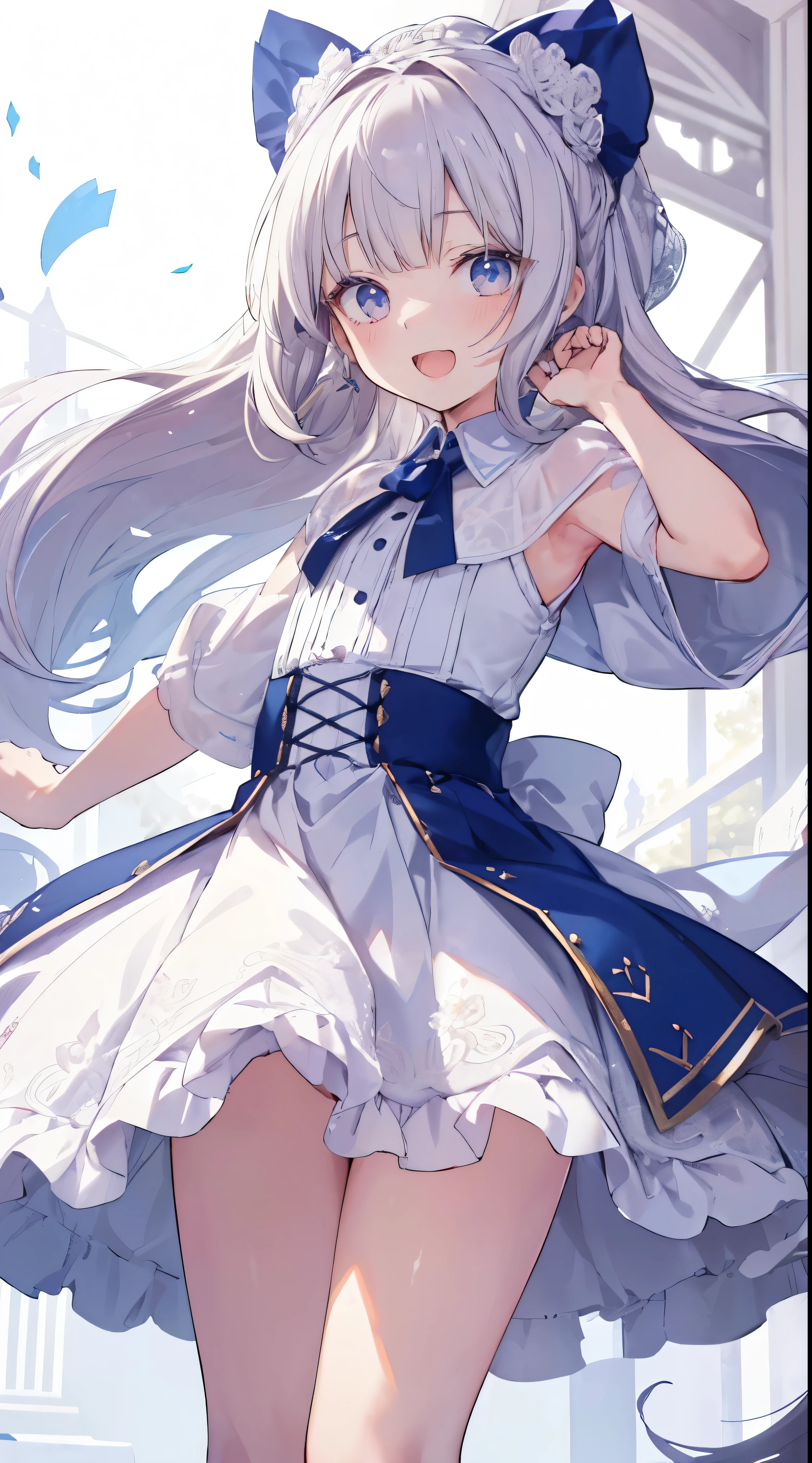 Masterpiece、Highest quality、highest quality、((((Petite))))、(Open Mouth Smile)、Shiny hair quality、Small face、Dynamic pose、Super detailed, beautiful, wide eyes、Ultra-detailed, clear and beautiful faces、(cute illustration:1.2), High-resolution, ultra-detailed, best quality, embarrassed、Thighs