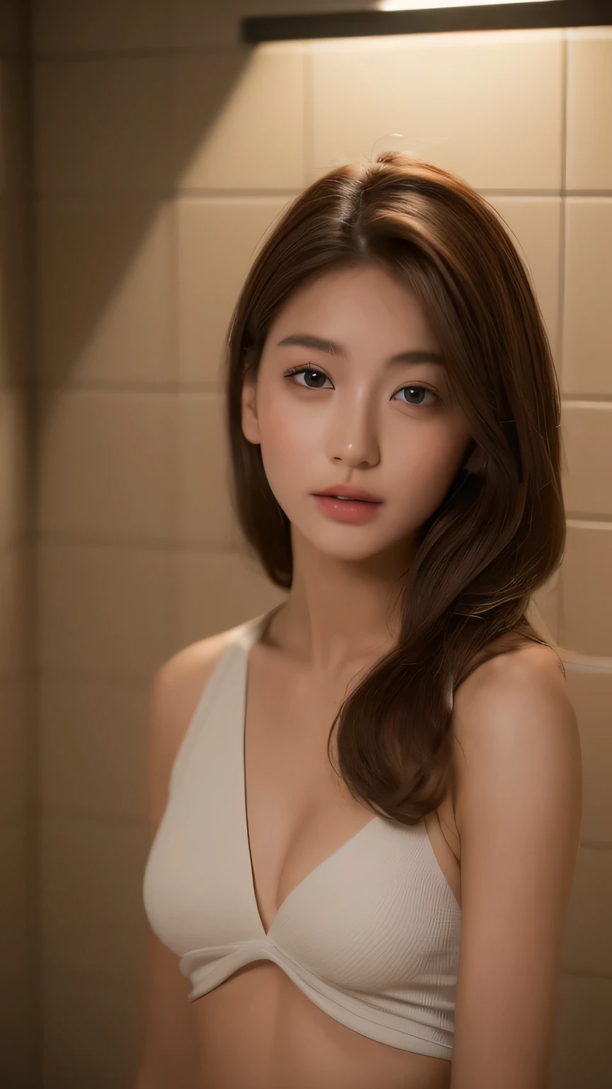 ((night, Realistic Light, highest quality, 8k, masterpiece:1.3)), One girl, Beautiful woman with slim figure:1.4, Abdominal muscles:1.1, (Brown haired, Medium chest:1.3), Bathroom,Ultra-fine face,A sophisticated eye,double eyelid,Dimples