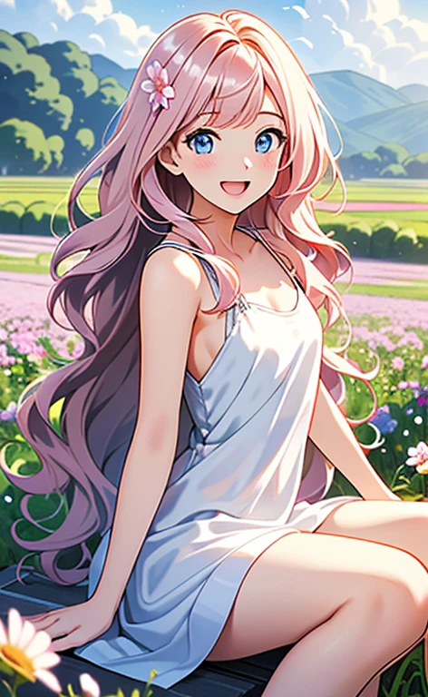 (masterpiece:1.4、top-quality、illustration:,realistic、)、(character focus、,upper body:1.3)、(1girl),(Open mouth happy smile:1.3),(),cute face,blue eyes、(tareme:1.3)、
(sit:1.4),(pink blonde　hair),(very long hair:1.3)、
,(Flower Field、Flower storm:1.3),（white camisole dress:1.3),
(blunt bangs),(volumey,sidelocks,wavy hair:1.3), (small breasts:1.3)、
、slender、