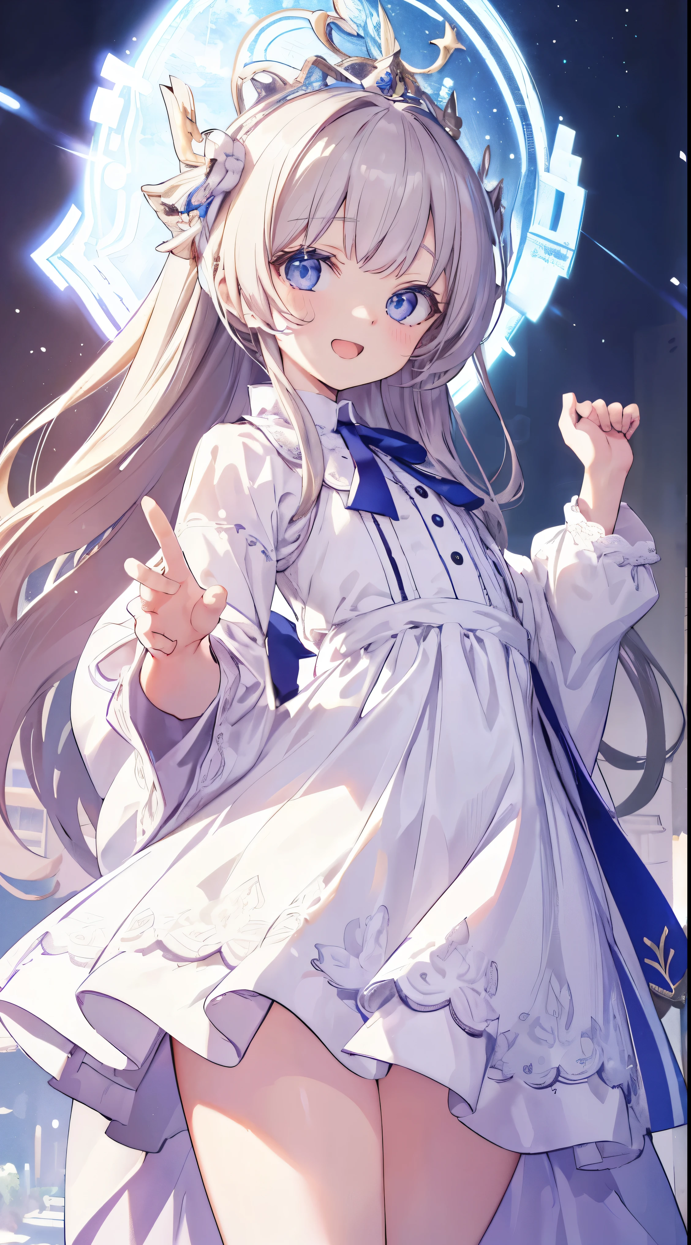 Masterpiece、Highest quality、highest quality、((((Petite))))、(Open Mouth Smile)、Shiny hair quality、Small face、Dynamic pose、Super detailed, beautiful, wide eyes、Ultra-detailed, clear and beautiful faces、(cute illustration:1.2), High-resolution, ultra-detailed, best quality, embarrassed、Thighs