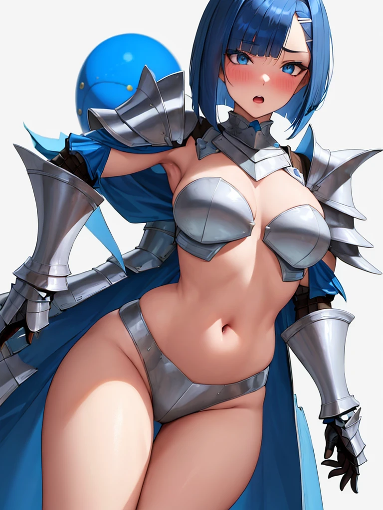 full body,masterpiece, high details, high quality, best quality, anatomically correct, masterpiece, textured skin, super detail,ultra-detailed, best quality, extremely detailed, 8k, high res, realistic, 1girl, , beautiful girl, (half closed eyes),(narrowed eyes:1.2),(open mouth), (blush:1.2),BREAK,(armor,navel exposed:1.8),blue beautiful eyes, (blue medium bob hair,asymmetrical parted bangs:1.6),BREAK,(voluptuous bust:1.5),(Gaunt , thin waist:1.3),(white background:1.5),