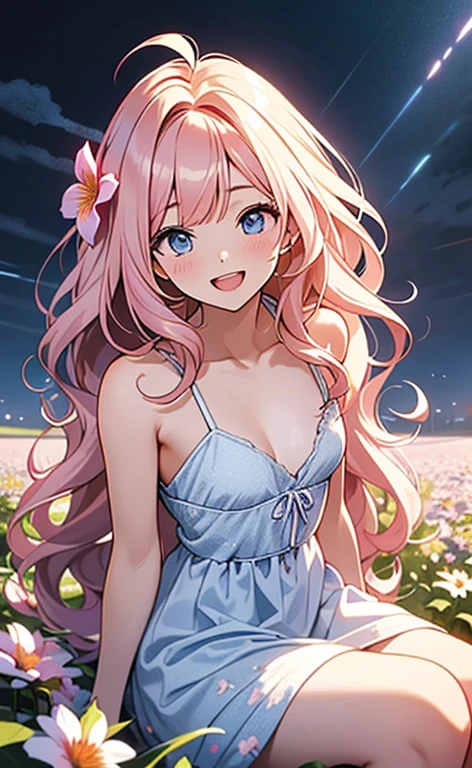 (masterpiece:1.4、top-quality、illustration:,realistic、)、(character focus、,upper body:1.3)、(1girl),(Open mouth happy smile:1.3),(),cute face,blue eyes、(tareme:1.3)、
(sit:1.4),(pink blonde hair),(very long hair:1.3)、
,(Flower Field、Flower storm:1.3),(white camisole dress:1.3),
(blunt bangs),(volumey,sidelocks,wavy hair:1.3), (small breasts:1.3)、
、slender、