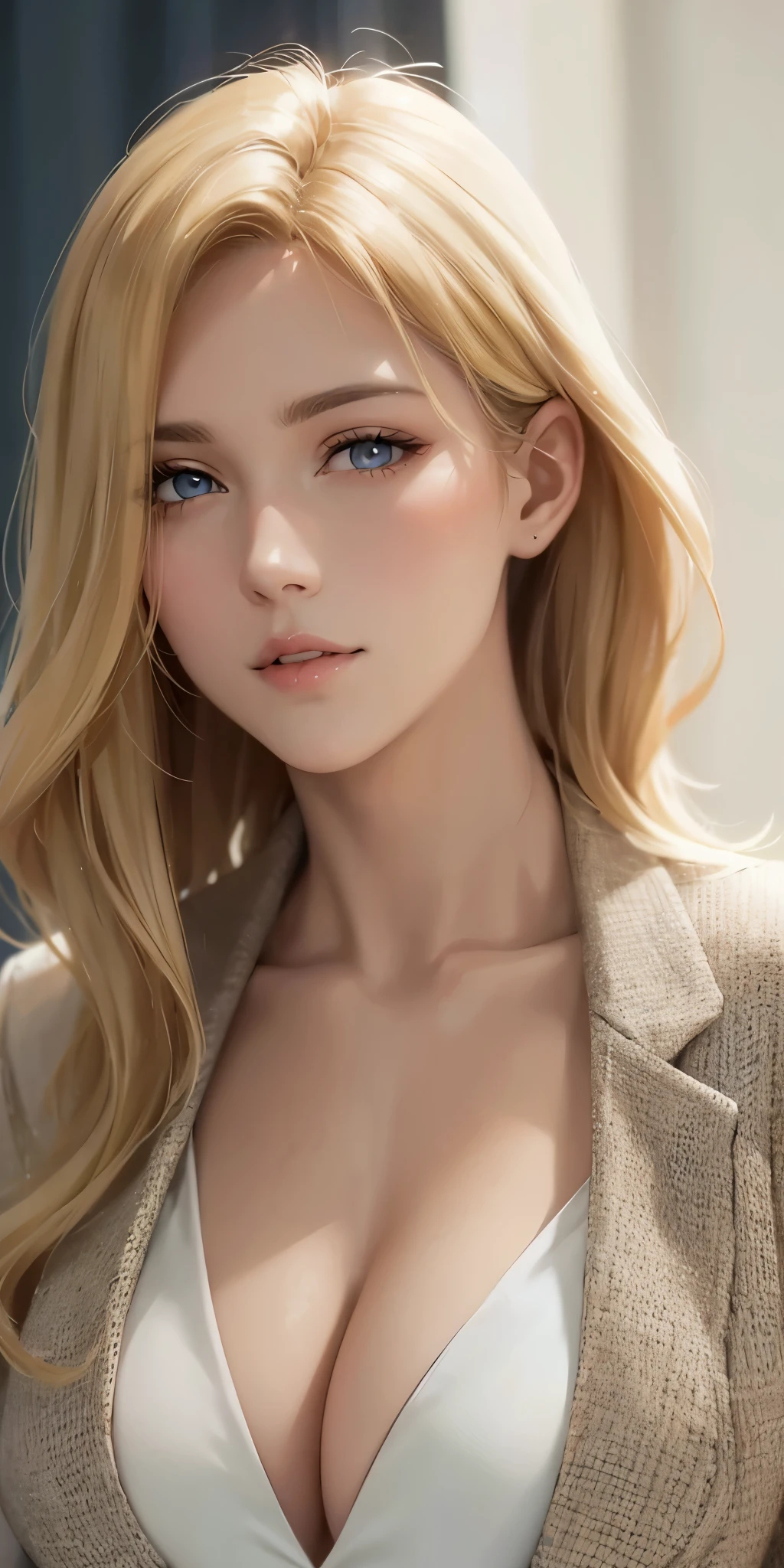 Elegant mature woman, long neck, blonde hair, short wavy hair, bangs, blazer, cleavage, soft light, high quality, 4k resolution 
