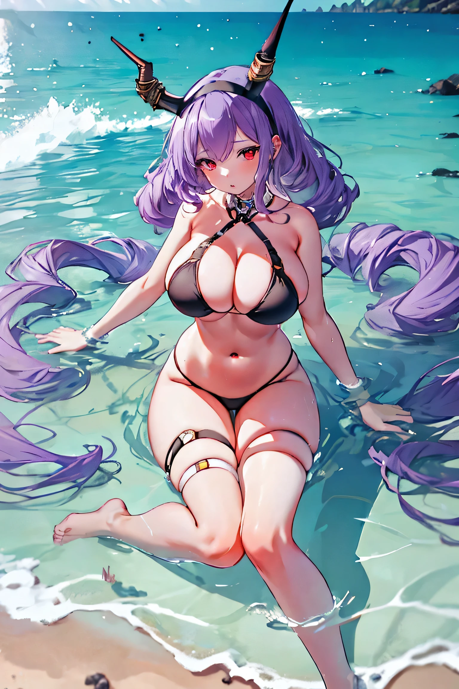 typhon| arknights, Masterpiece, best quality, 1 girl,25 years old , Huge, enormous breasts, very long hair, hairband, purple hair, red eyes, proportion body, proportion, show your , Water set, This micro bikini,micro mini bikini, Lying on the beach with alluring challenges, unctuous. ,only, beautiful sea, The sky is beautiful, Looking at the audience from the front, thigh strap, tilt your head, bored, 10, 10, high resolution, expressionless,