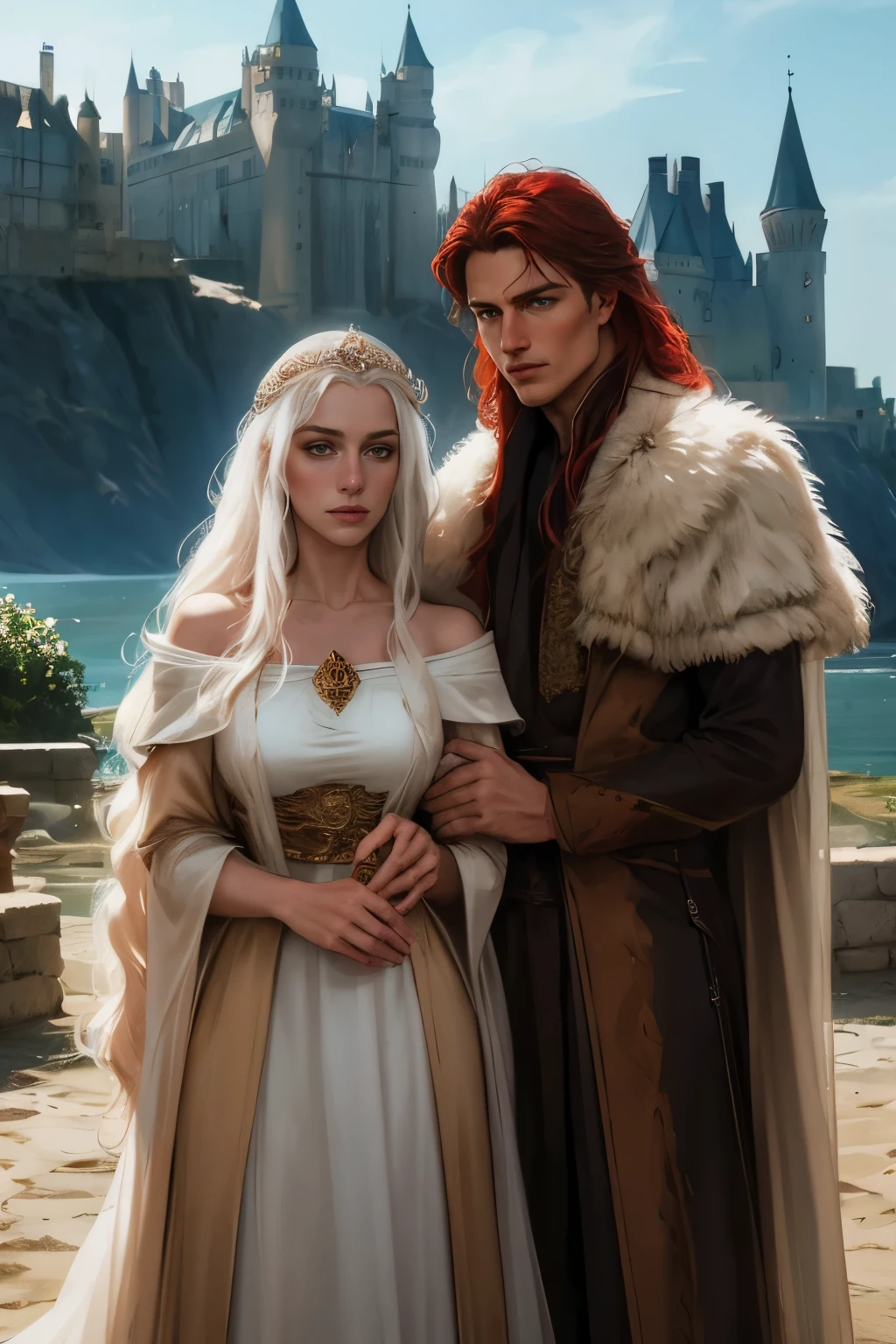 The Middle Ages, the Polish-Lithuanian Commonwealth, the 16th century, a man and a woman next to each other. The man is attractive, has long red scarlet hair, looks like Tom Cruise, in a caftan with fur trim. A beautiful woman with long white hair, a face similar to Daenerys in the princely attire of the queen, a castle in the background, hd