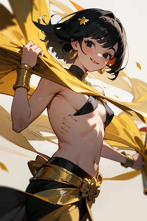 A shirtless girl holds a garland in one hand, smiling mischievously with her tongue sticking out, black hair, black eyes, gold jewelry, golden traditional Thai skirt.