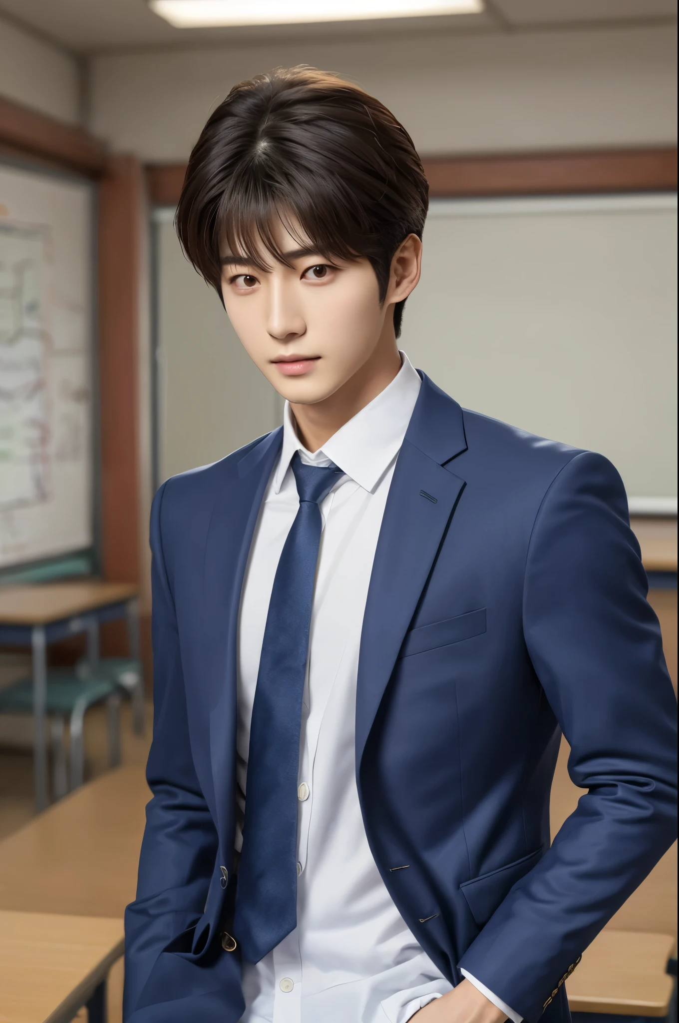 (masterpiece:1.2),(Highest_quality:1.4),(High resolution:1.1),(Very detailed:1.2),1 person, Korean, good_shoulder,fashion_model, model_Pause, (Korean actor's hair style),model,(good looking) Clear Eyes, 韓国modelの髪型, Iris, whole body, Male student, white , Blue School Blazer, Are standing, In a dark school, Chaos Classroom