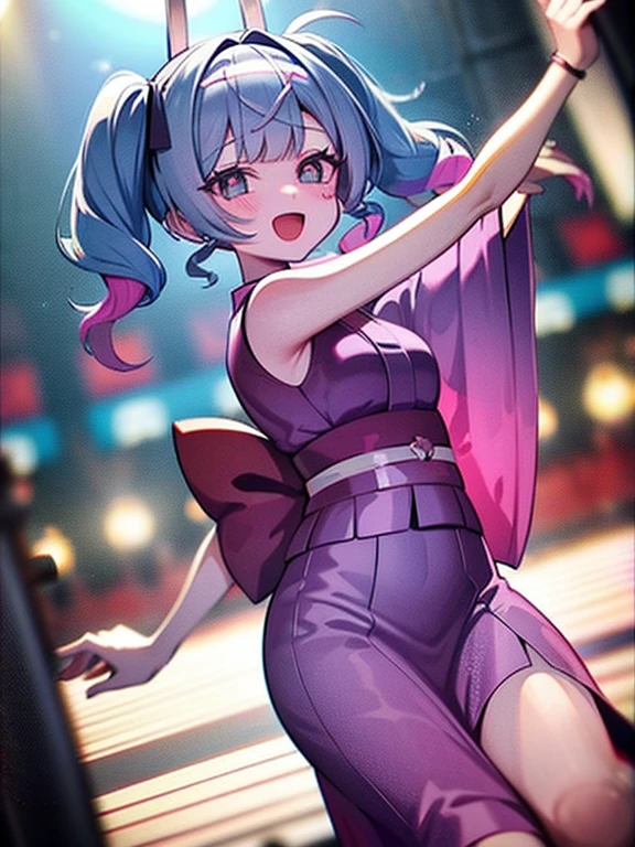 Hatsune Miku dancing happily in a yukata at a summer festival