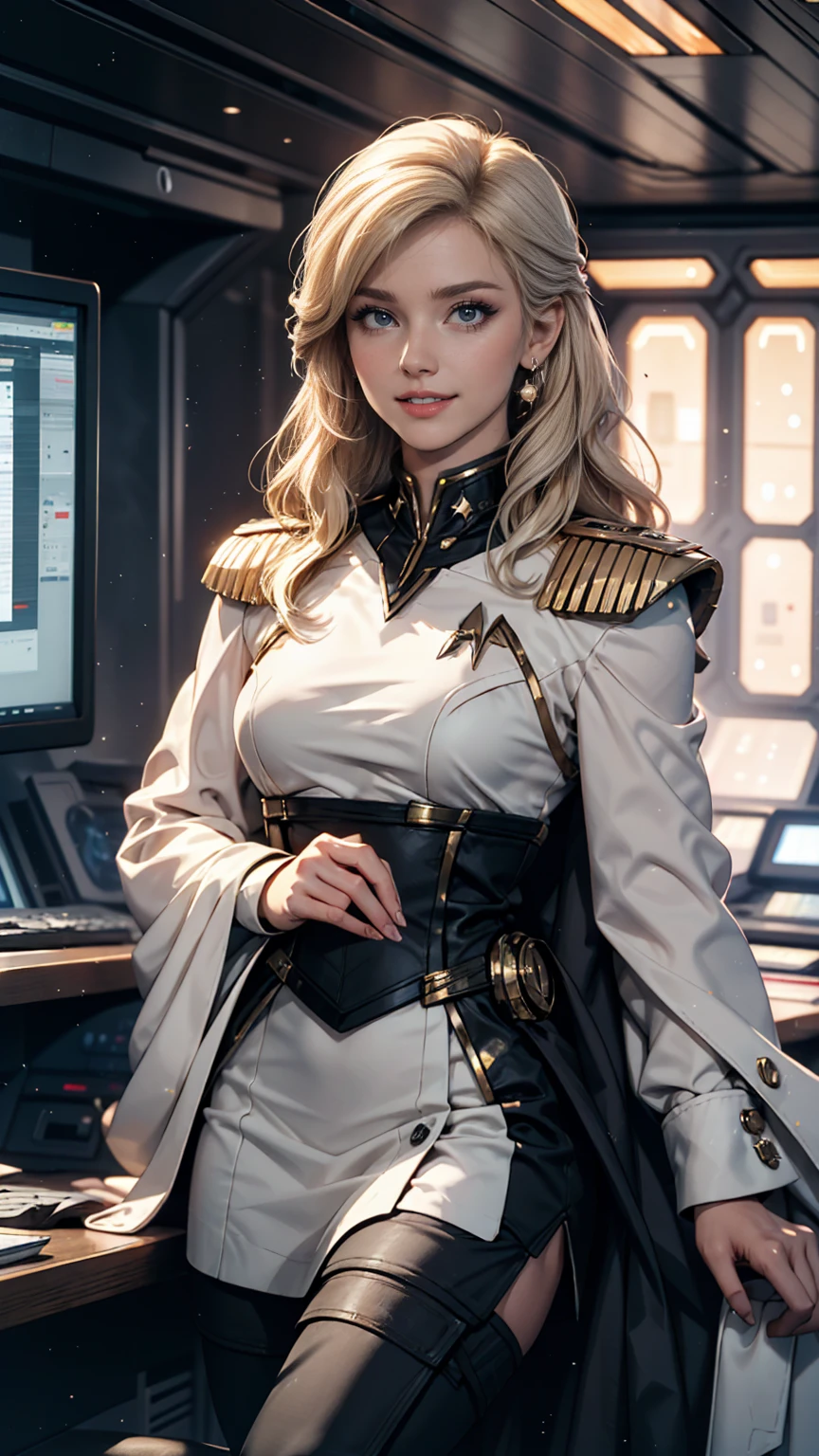 White woman、Platinum Blonde、Star Trek Uniforms、Inside the Star Trek ship、smile、Captain