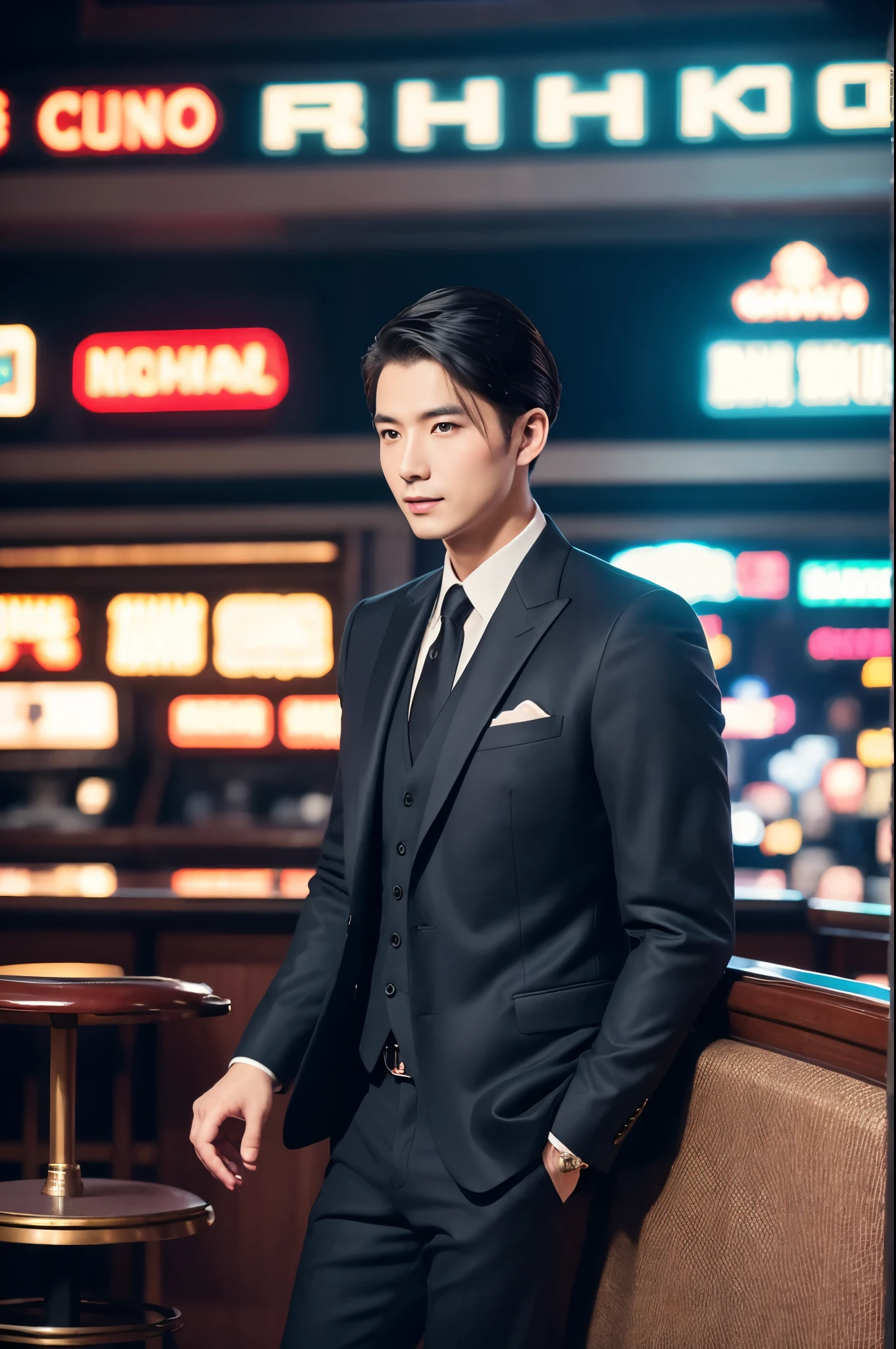 Elegant Shanghai Gentleman, Vintage Luxury, Luxury casino background, Retro Fashion, A sophisticated lifestyle, Historical atmosphere, Cultural sophistication, Premium Quality Images, Detailed Texture, Film Portraits --ar 16:9 --Style Raw --Styled 250