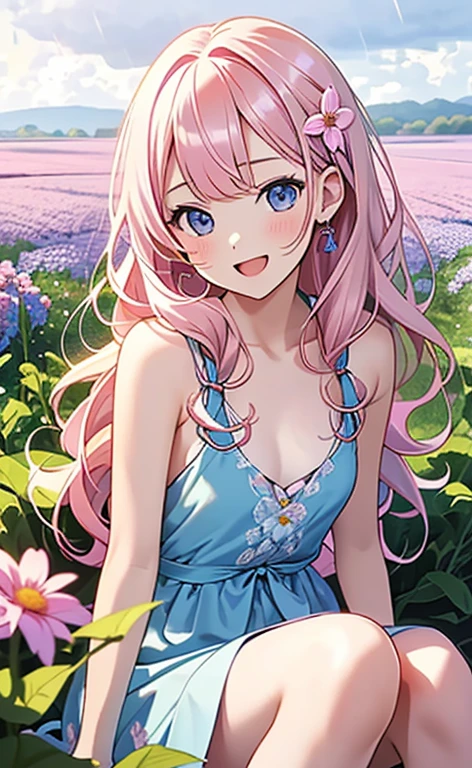 (masterpiece:1.4、top-quality、illustration:,realistic、)、(character focus、,upper body:1.3)、(1girl),(Open mouth light smile:1.3),(),cute face,blue eyes、(tareme:1.3)、
(sit:1.4),(pink blonde hair),(very long hair:1.3)、(corolla:1.3),
,(Flower Field、Flower storm:1.3),(white camisole dress:1.3),
(blunt bangs),(volumey,sidelocks,wavy hair:1.3), (small breasts:1.3)、
、slender、