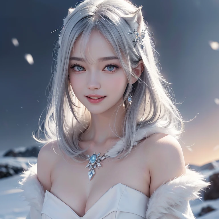snowing mountain、white wolf、 ((highest quality、masterpiece、8k、best image quality、ultra high resolution、Award-winning work)、(accurate anatomy:1.1)、(look at me and smile:1.1)、Shining fair skin with ultra high resolution、most detailed face、ultra high resolution detailed face、white short hair flowing 、Beautiful face drawn in every detail、(blurred background:1.1)、 Inuit fur clothing, chest together, real wolf beside the girl 