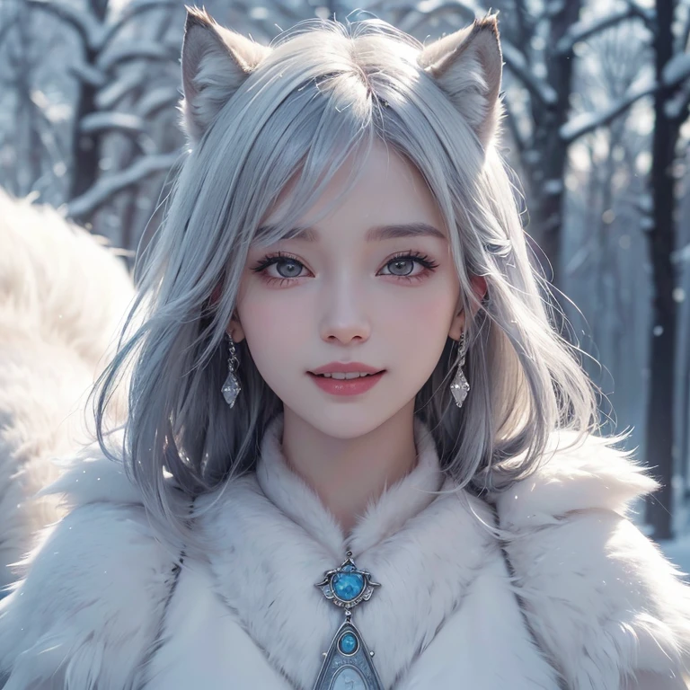 snowing mountain、white wolf、 ((highest quality、masterpiece、8k、best image quality、ultra high resolution、Award-winning work)、(accurate anatomy:1.1)、(look at me and smile:1.1)、Shining fair skin with ultra high resolution、most detailed face、ultra high resolution detailed face、white short hair flowing 、Beautiful face drawn in every detail、(blurred background:1.1)、 Inuit fur clothing, chest together, real wolf beside the girl