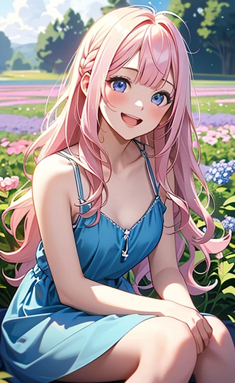 (masterpiece:1.4、top-quality、illustration:,realistic、)、(character focus、,upper body:1.3)、(1girl),(Open mouth light smile:1.3),(),cute face,blue eyes、(tareme:1.3)、
(sit:1.4),(pink blonde hair),(very long hair:1.3)、(corolla:1.3),
,(Flower Field、Flower storm:1.3),(white camisole dress:1.3),
(blunt bangs),(volumey,sidelocks,wavy hair:1.3), (small breasts:1.3)、
、slender、