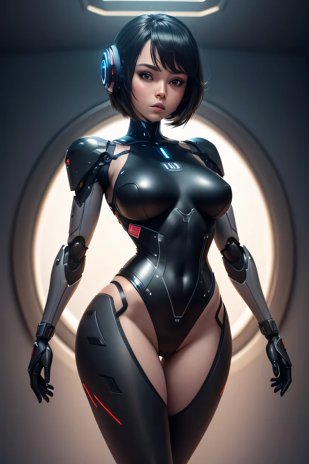 A female robot wearing a leotard and black pantyhose. Mechanical body Background is indoors, UHD, retina, masterpiece, ccurate, anatomically correct, textured skin, super detail, high details, high quality, award winning, best quality, highres