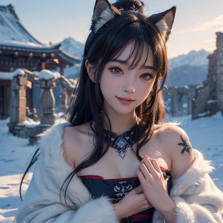 Hide in the snow mountain、Hair flows、 ((highest quality、masterpiece、8k、best image quality、ultra high resolution、Award-winning work)、(accurate anatomy:1.1)、(look at me and smile:1.1)、Shining fair skin with ultra high resolution、most detailed face、ultra high resolution detailed face、ultra high resolutionの髪の毛、(ultra high resolutionの煌めく瞳:1.1)、Beautiful face drawn in every detail、(blurred background:1.1)、ancient Inuit clothing, chest together, tattoo, Old ruins in the background、real wolf aside