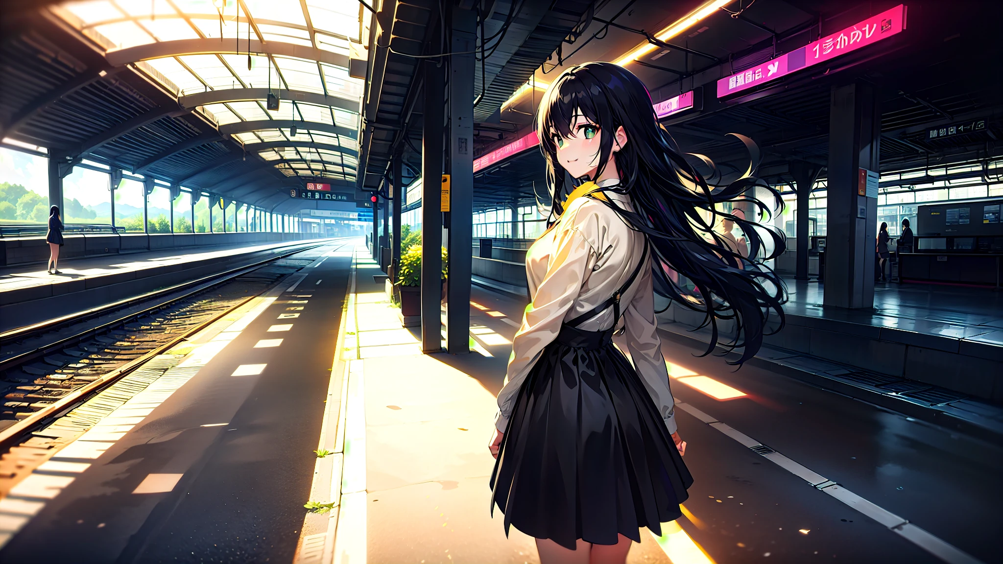 One woman、super quality、Station ticket gates、train、Woman with long black hair、profile、passing、Bright clothing、Straight Hair、Nice body、Short skirt、Ultra HD、amazing