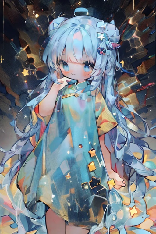 1female\(cute, kawaii,solo,,skin color white,pale slin,smile,hair floating,hair color light blue,twin bun hair,eye color is cosmic,big eyes,smile,colorful,cute pose,classic cheongsam\),background\(simple, cosmic,many stars,flower bloom,backlit\), BREAK ,quality\(8k,wallpaper of extremely detailed CG unit, ​masterpiece,hight resolution,top-quality,top-quality real texture skin,hyper realisitic,increase the resolution,RAW photos,best qualtiy,highly detailed,the wallpaper,cinematic lighting,ray trace,golden ratio\),(close up:0.6),better hands,
