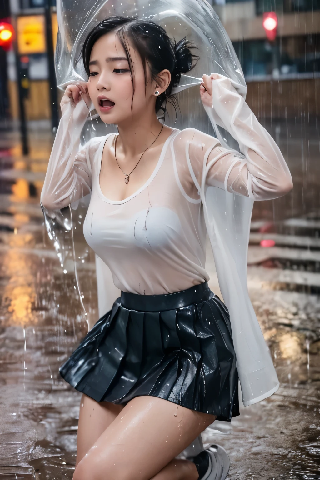 top-quality photo, ((round face)), film skin, (correct limbs), a women, (((in the heavy rain, heavily wet clothes, leaking pee))), skirt, dropping eyes, sleepy, blush, ecstasy face, open legs, raise leg, open mouth, masturbation, downtown, sidewalk, sky, necklace, earrings, (hair up),