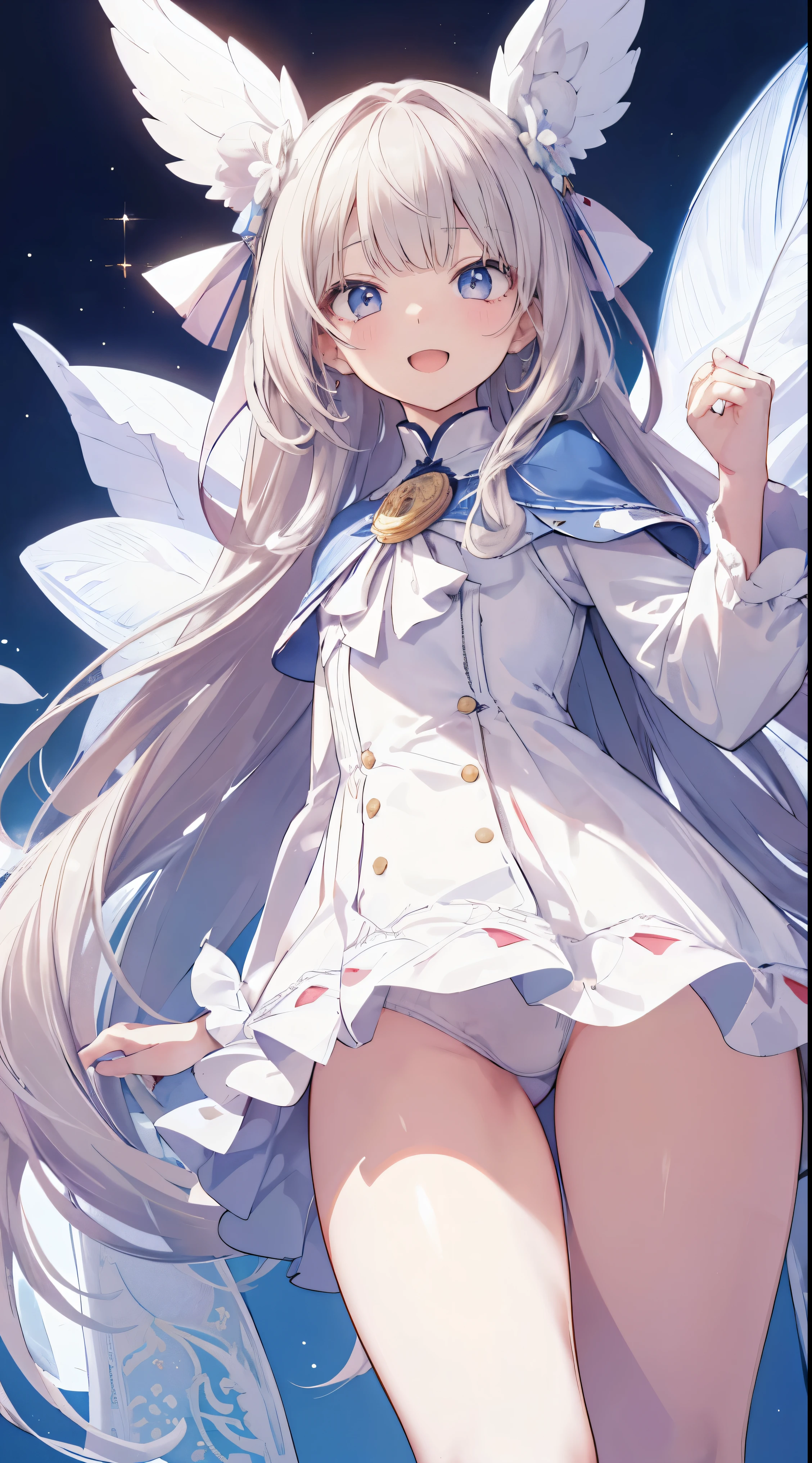 Masterpiece、Highest quality、highest quality、((((Petite))))、(Open Mouth Smile)、Shiny hair quality、Small face、Dynamic pose、Super detailed, beautiful, wide eyes、Ultra-detailed, clear and beautiful faces、(cute illustration:1.2), High-resolution, ultra-detailed, best quality, embarrassed、Thighs