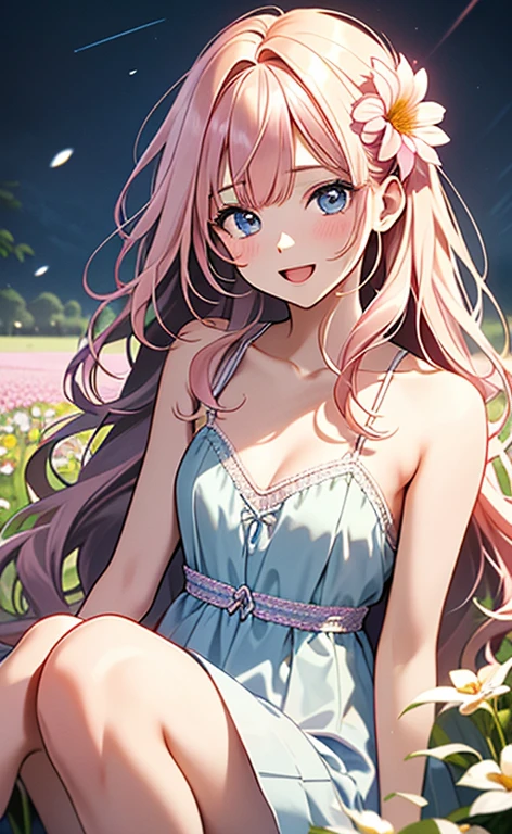 (masterpiece:1.4、top-quality、illustration:,realistic、)、(character focus、,upper body:1.3)、(1girl),(Open mouth light smile:1.3),(),cute face,blue eyes、(tareme:1.3)、
(sit:1.4),(pink blonde hair),(very long hair:1.3)、
,(Flower Field、Flower storm:1.3),(white camisole dress:1.5),
(blunt bangs),(volumey,sidelocks,wavy hair:1.3), (small breasts:1.3)、
、slender、