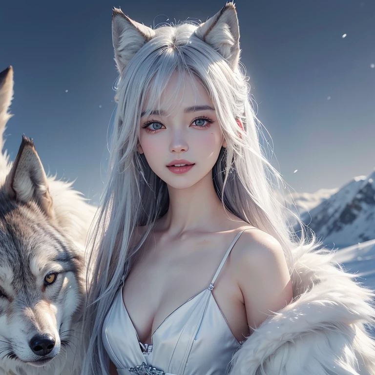 snowing mountain、white wolf、 ((highest quality、masterpiece、8k、best image quality、ultra high resolution、Award-winning work)、(accurate anatomy:1.1)、(look at me and smile:1.1)、Shining fair skin with ultra high resolution、most detailed face、ultra high resolution detailed face、white short hair flowing 、Beautiful face drawn in every detail、(blurred background:1.1)、 Inuit fur clothing, chest together, real wolf beside the girl