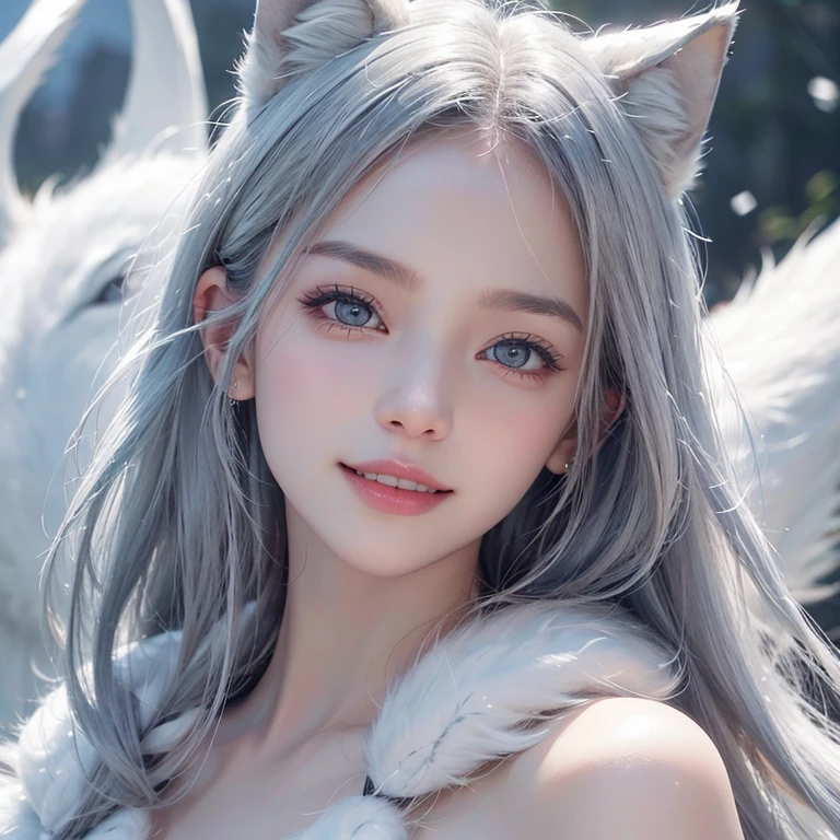 snowing mountain、white wolf、 ((highest quality、masterpiece、8k、best image quality、ultra high resolution、Award-winning work)、(accurate anatomy:1.1)、(look at me and smile:1.1)、Shining fair skin with ultra high resolution、most detailed face、ultra high resolution detailed face、white short hair flowing 、Beautiful face drawn in every detail、(blurred background:1.1)、 Inuit fur clothing, chest together, real wolf beside the girl 