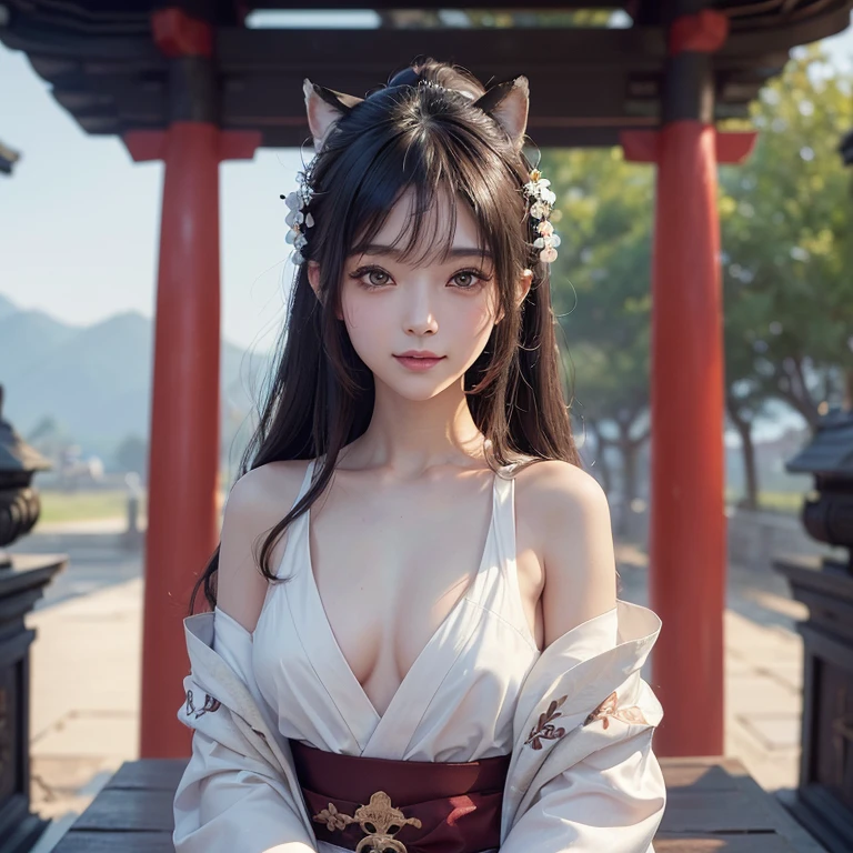 Hide in the ancient shrine、Hair flows、 ((highest quality、masterpiece、8k、best image quality、ultra high resolution、Award-winning work)、(accurate anatomy:1.1)、(look at me and smile:1.1)、Shining fair skin with ultra high resolution、most detailed face、ultra high resolution detailed face、ultra high resolutionの髪の毛、(ultra high resolutionの煌めく瞳:1.1)、Beautiful face drawn in every detail、(blurred background:1.1)、ancient shrine maiden clothes, chest together, tattoo、white fox aside 