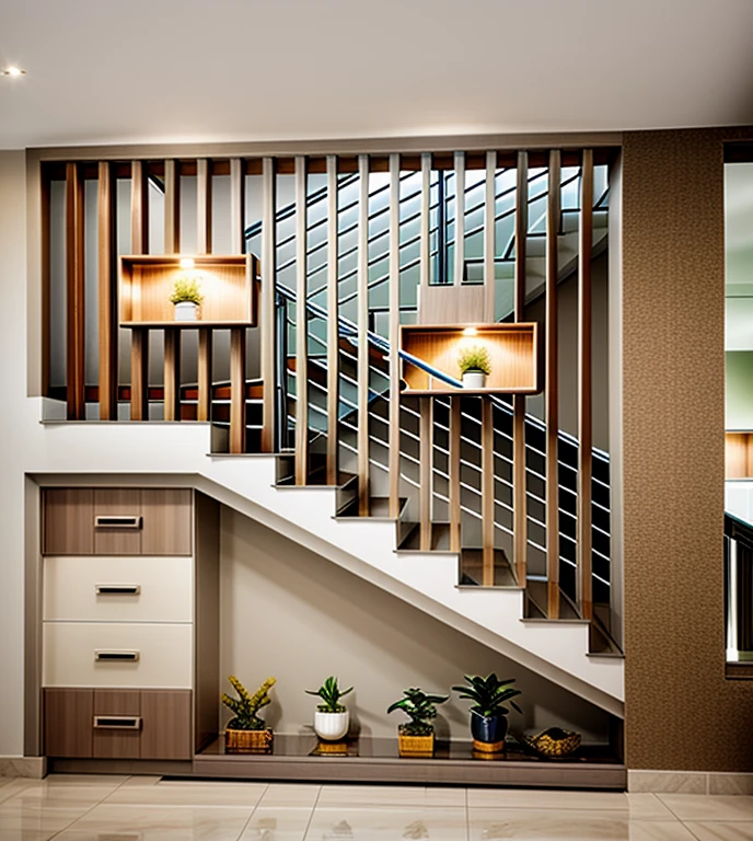 best quality, masterpiece, Interior design, cream tone, LIVING ROOM ,STAIR CASE, 3000k