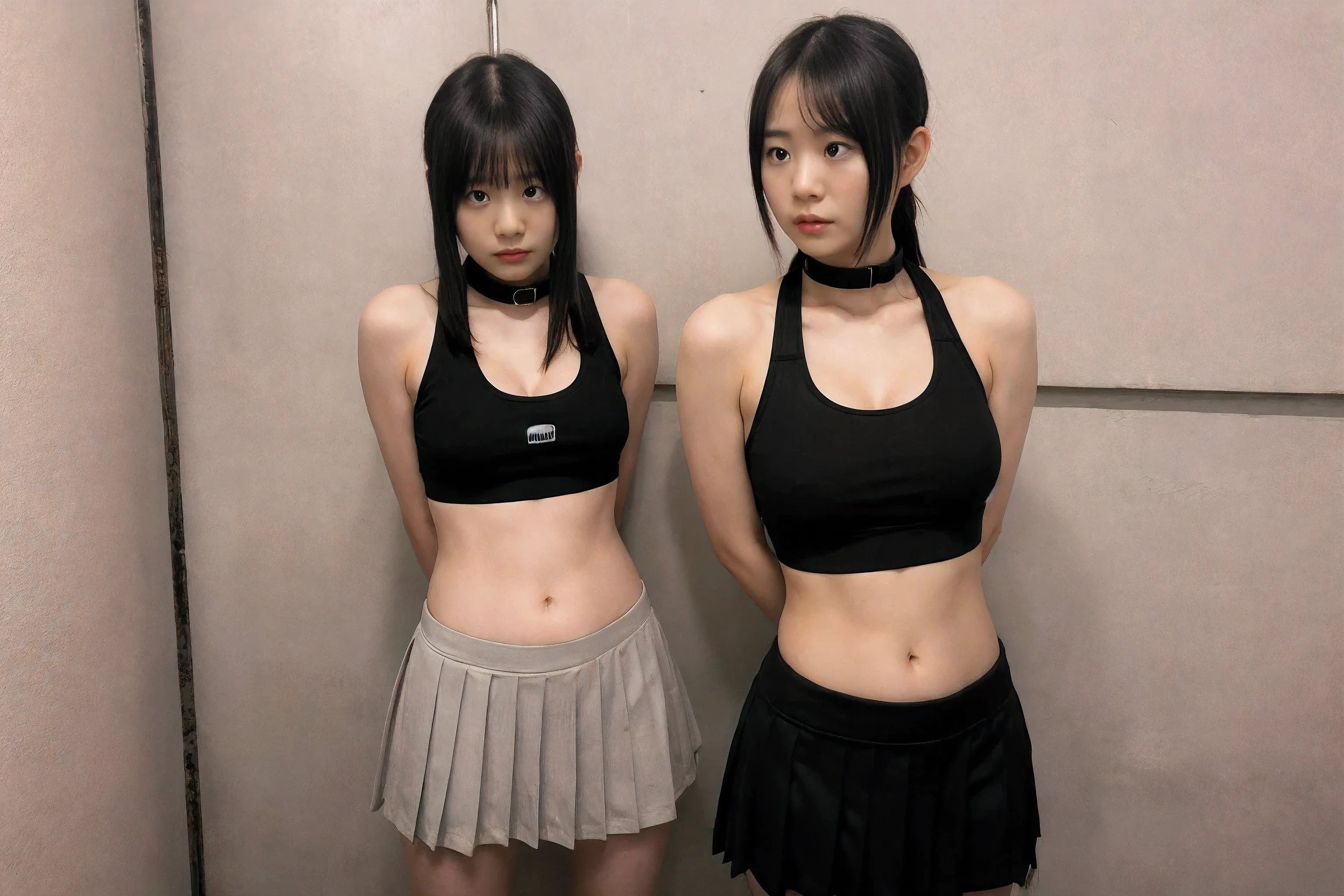 In prison, black collar, three cheerleaders, 16 years old, (looking at viewer), (arms behind back), (symmetrical pose), sports bra, navel exposed, pleated micro-mini skirt, socks, being trained by master, sad expression