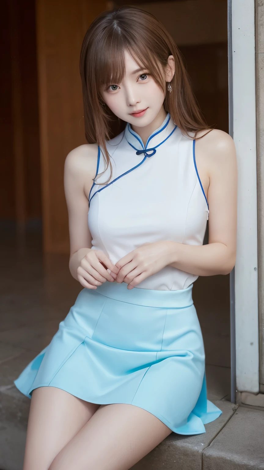 realistically, golden hair, brown eyes, glowing eyes, white short skirt, extra short skirt, Blush, daytime, Wet from the rain, cheongsam dress, cheongsam, sleeveless shirt, pussy, crotch, embarrass, Sit with your knees raised, windy, yami, the skirt is turned up, highest quality, High resolution, highly detailed face, perfect lighting, highest detailed , perfect hands, perfect anatomy, wind blow skirt up, small breast