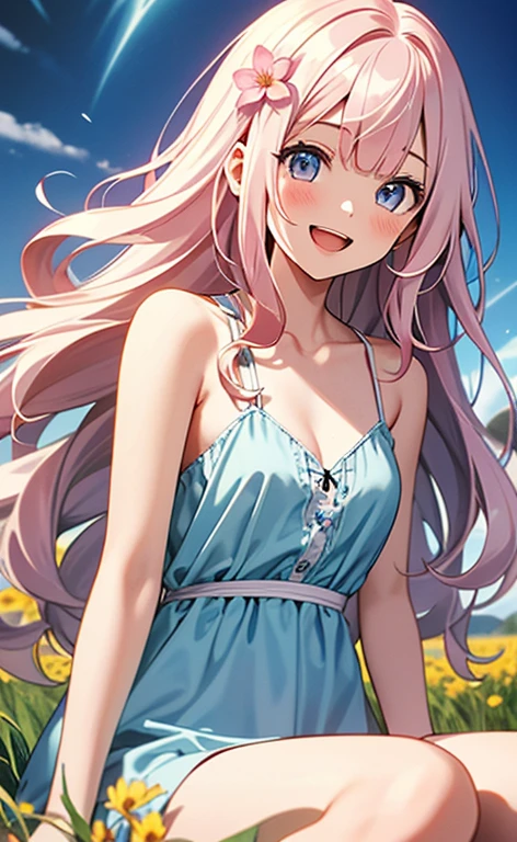 (masterpiece:1.4、top-quality、illustration:,realistic、)、(character focus、,upper body:1.3)、(1girl),(Open mouth light smile:1.3),(),cute face,blue eyes、(tareme:1.3)、
(sit:1.4),(pink blonde hair),(very long hair:1.3)、
,(Flower Field、Flower storm:1.3),(white camisole dress:1.5),
(blunt bangs),(volumey,sidelocks,wavy hair:1.3), (small breasts:1.3)、
、slender、