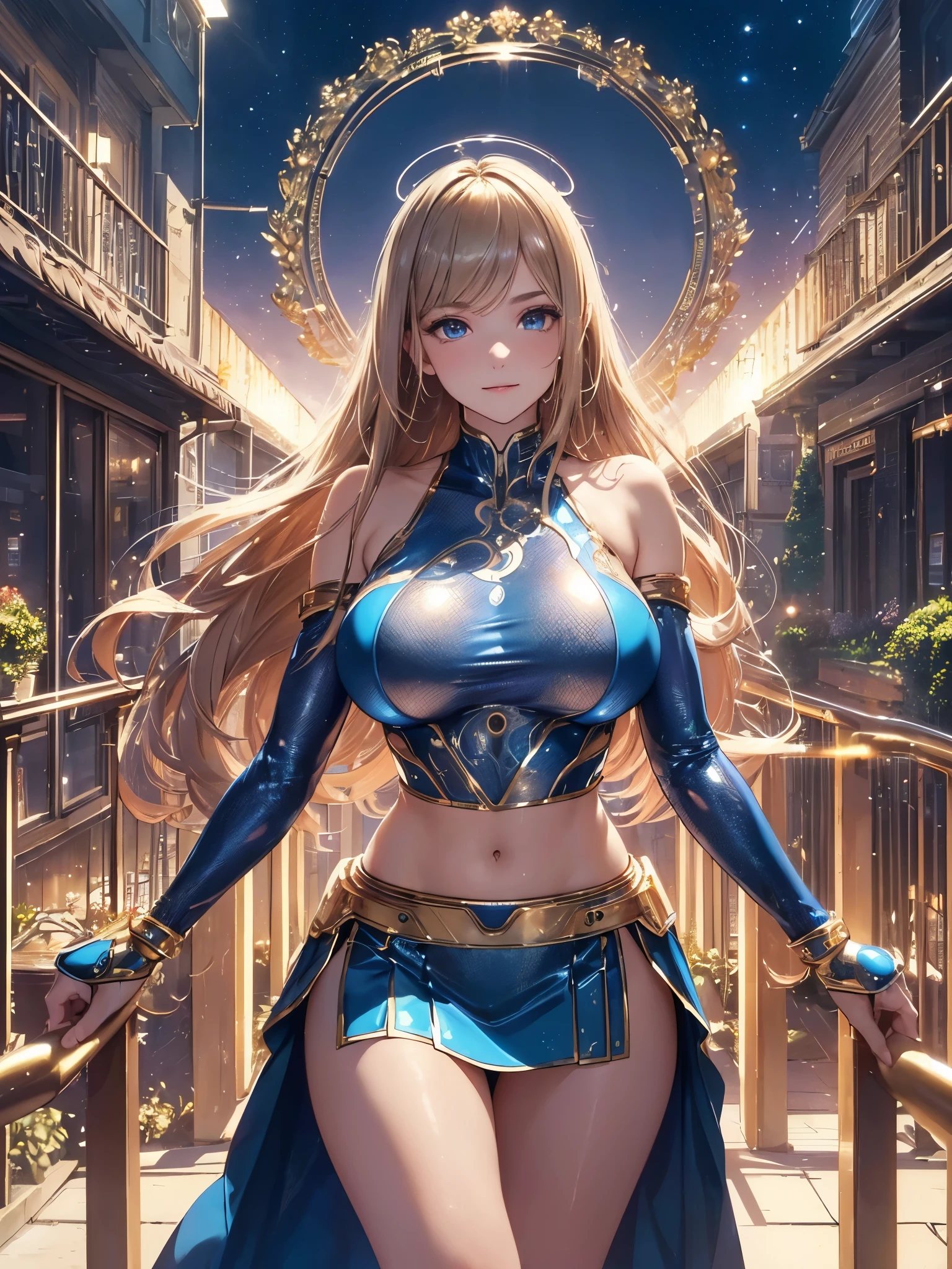 (((masterpiece))), (((best quality))), ((ultra-detailed)), (illustration), ((an extremely delicate and beautiful)), ((super detail)), ((high resolution)), (((20 years old))), metallic cloth, (cheerleader), (super heroine), (android), delicate metal decorations, gleaming skin, shiny body, two legs, breast focus, (((tall))), slender legs, ((big round eyes)), cute eyes, drooping eyes, ((adult)), two hands, five fingers, no extra hands, elegant smile, braid, ((metallic blue)), (see-through), (dark blonde), ((ultra-huge breasts)), (shining brightly), outdoor, mini skirt, daytime, ((biopunk)), (hair shorter than shoulder), (medium length hair), gynoid, garden, city, ((midriff-baring outfit)), (no mob characters),