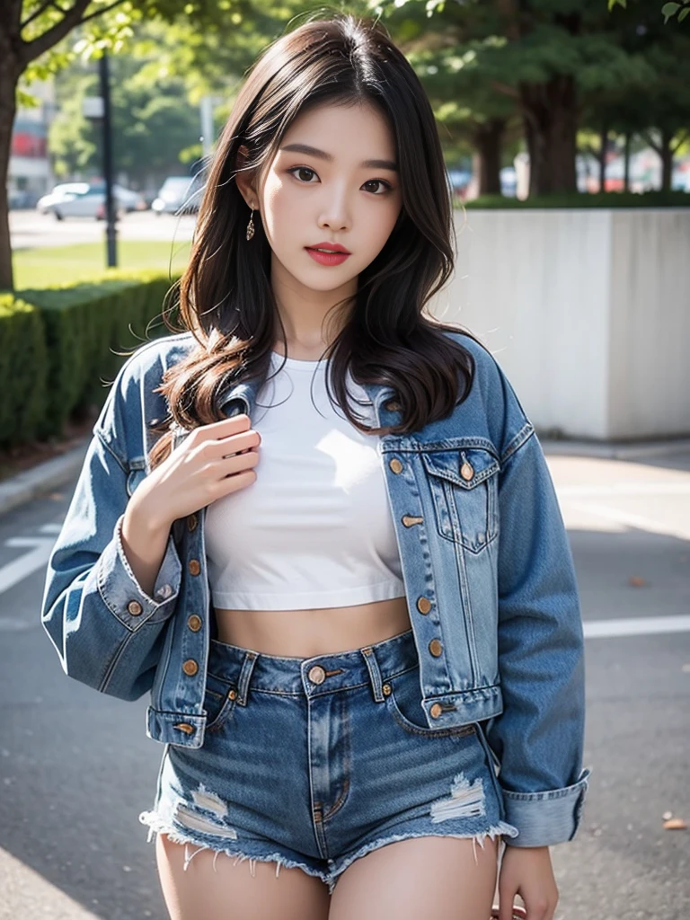 1girll, Chest support, park, Denim shorts,, Masterpiece, Best quality, Highly detailed