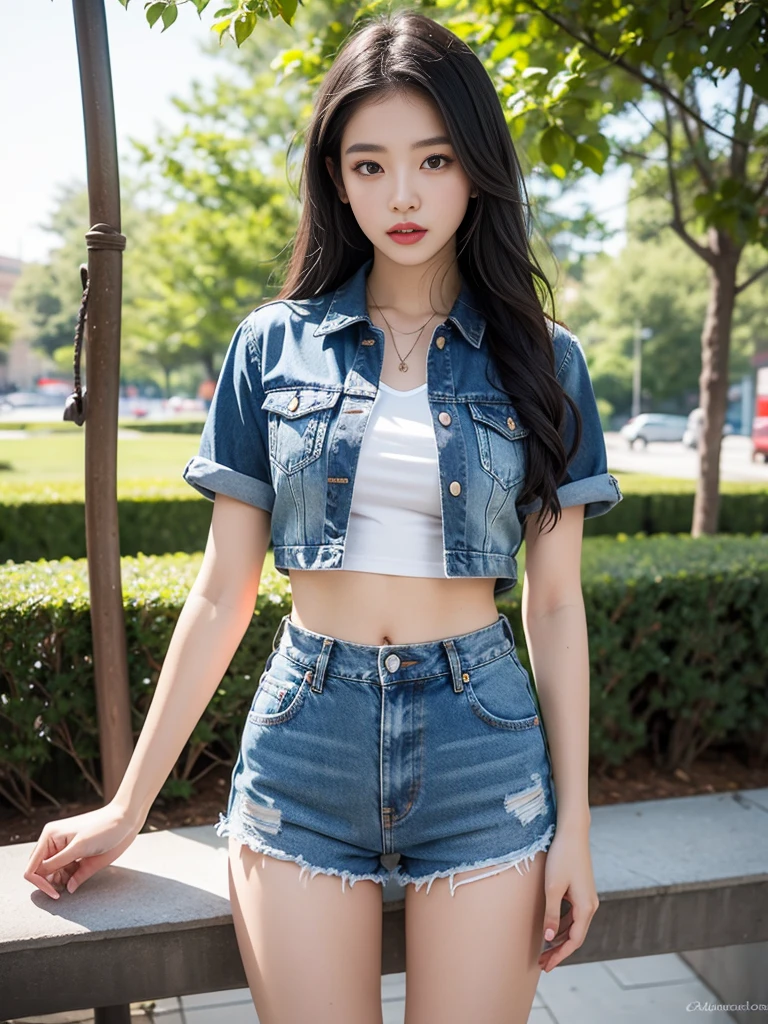 1girll, Chest support, park, Denim shorts,, Masterpiece, Best quality, Highly detailed