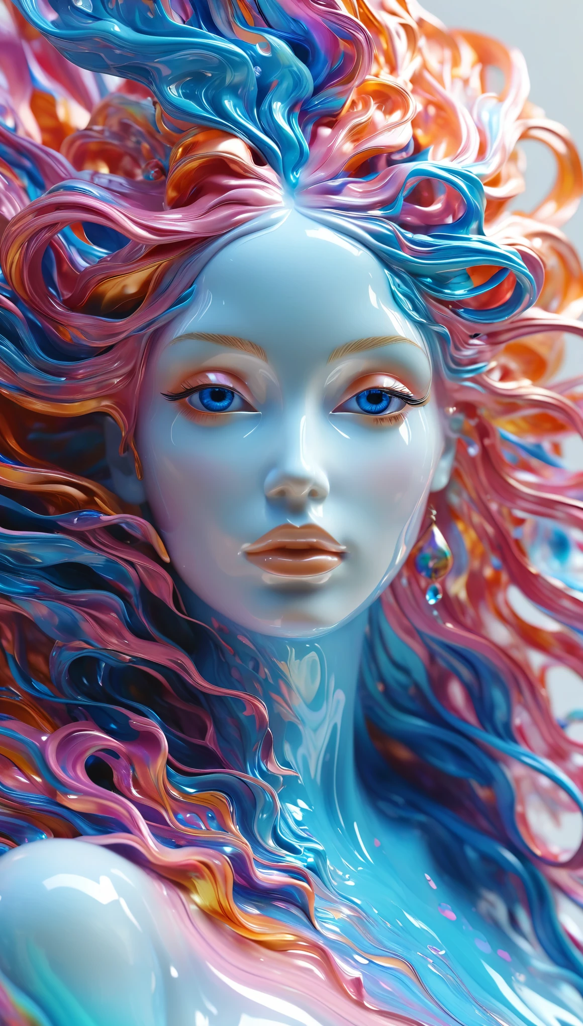 （Super Fine，lifelike：1.37），Psychedelic abstract art：3D goddess sculpture made of flowing liquid，Beautiful blue eyes，Serene expression，soft flowing hair，Upper Body，Background of the myth，creative composition，Liquid textures and patterns，High-resolution rendering，Crystal clear，Exquisite craftsmanship，Dreamy atmosphere，Sensual and fascinating，masterpiece：1.2。