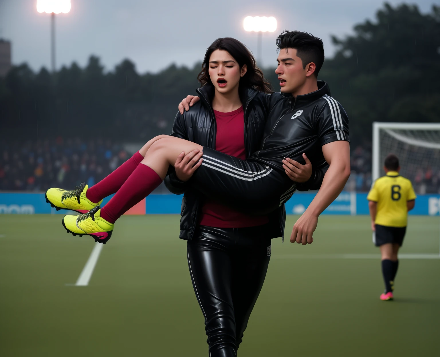 a screaming girl in a laquered and very shiny quilted coat carries a man, a woman carries a man, a woman carries a male soccer player in her arms, rainy weather, rainfall, humid, girl carries guy, lift and carry, an excessively madeup latino-girl in a high-shine wet black latex downcoat, a soccer scene, very matte cotton soccer sportswear on a well shaped male body, a soccer injury, first aid carry at a soccer match, a young madeup latino-girl in a shiny black vinyl downjacket, a madeup latino-girl in a shiny plastic-downcoat, a very sad and desperately crying latino-girl, an intensely madeup latino-girl in a glossy black vinyl-downcoat, latino-girl with lipstick, latino-girl with smoky eyes, dramatic action pose, woman that is carrying a skinny shorthaired man, there is a beautiful woman in a shiny coat who is carrying a shorthaired blond man in her arms, a longhaired beautiful woman in a high-shine black puffy coat, a longhaired woman in a shiny downcoat, a woman is carrying a shorthaired man who is wearing black shorts, a weak shorthaired man in black shorts is consciousless and needs to be carried, a shorthaired man with closed eyes is carried in the arms of a longhaired latino-woman, a latino-woman looks very scared and terrified, a consciousless shorthaired man with closed eyes is suffering very much and has a very painful face, photo, photo shoot, photographed, arafed man being carried by a woman, very realistic, very very realistic, hyper-realistic, hyper - realistic, hyper realistic, jacket over bare torso, very disturbing, very hyperrealistic, super realistic, hyperrealistic!, extremely realistic, very very very realistic, super-realistic realistic, super-realistictic!, extremely realistic, very very very realistic, super-realistic realistic, super-realistic